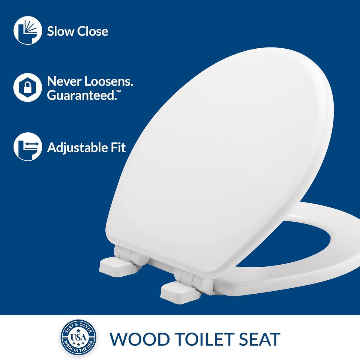 Mayfair Linden Slow Close Toilet Seat, Non Slip Heavy Duty Wood, Easy Install, Elongated, White