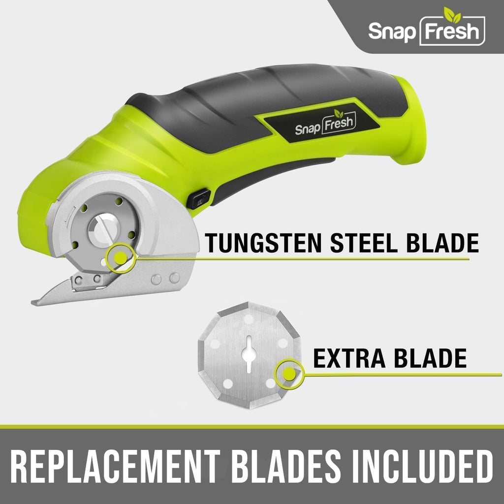 SnapFresh Cordless Electric Scissors, 4V Electric Mini Box Cutter, Carpet & Cardboard Cutter Tool with a Replacement Blade/Charger, Rotary Cutter for Cardboard Packages Leather Plastic （Green）