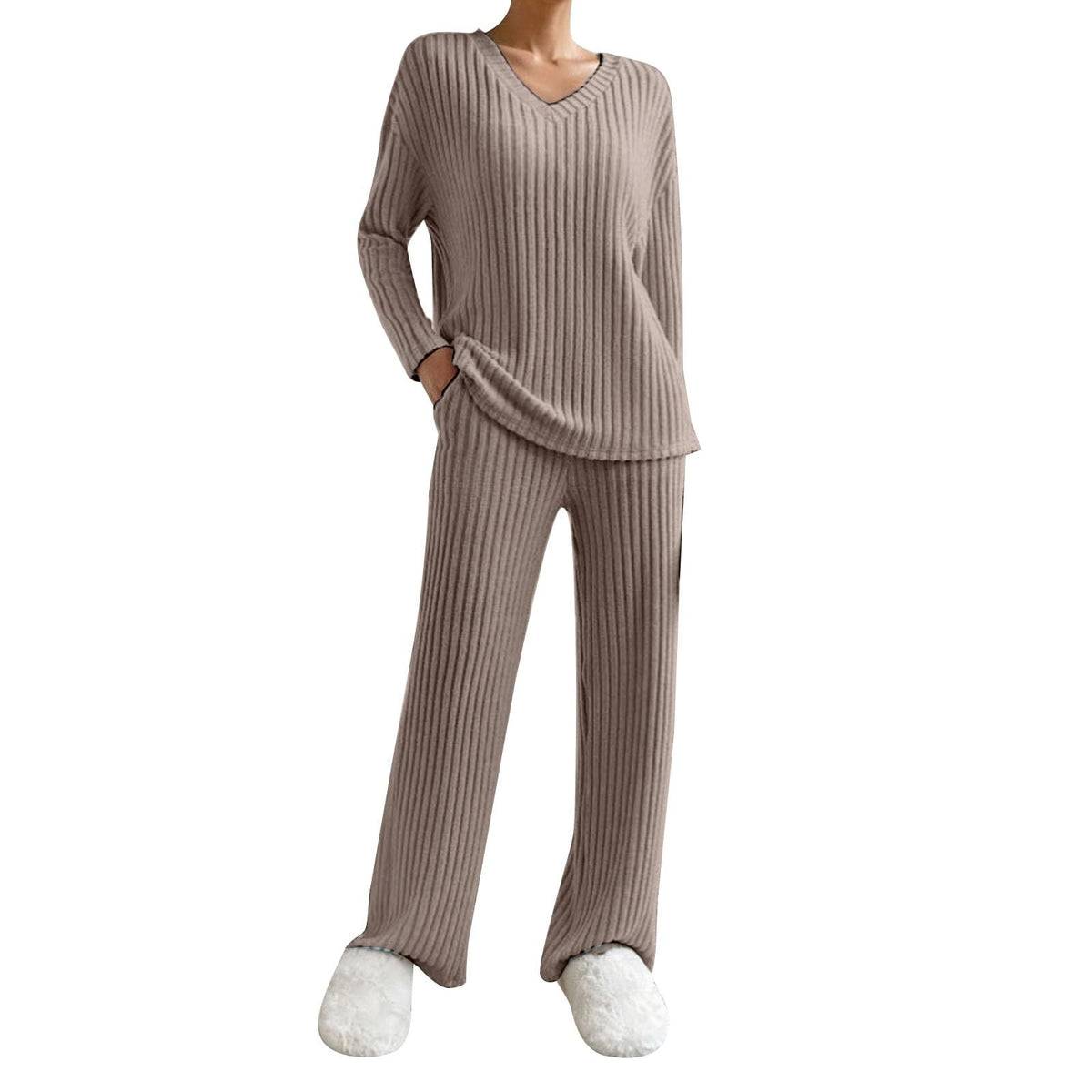 Lounge Wear Sets For Women Uk, Womens Pyjamas Set Long, Ladies Ribbed Loungewear Knit Outfits Womens Tracksuits 2 Piece Set V Neck Casual Casual Homewear