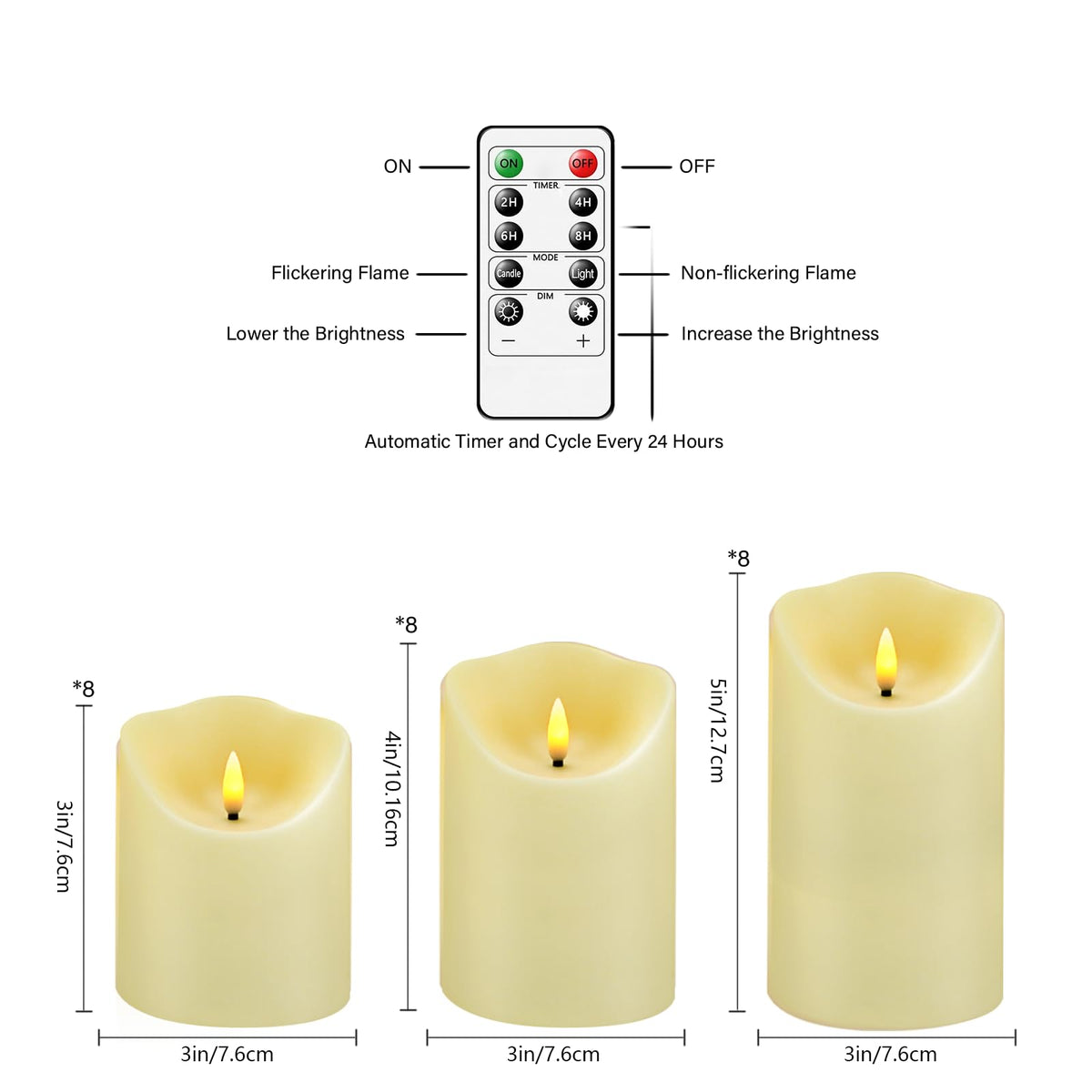 Nimiko Flameless Candles with Remote, Battery Operated Flickering Flameless Candles, LED Candles with Timer 2/4/6/8H, with Realistic LED Candles Set of 12 (D2.2 x H 5" 6" 7") (Black)