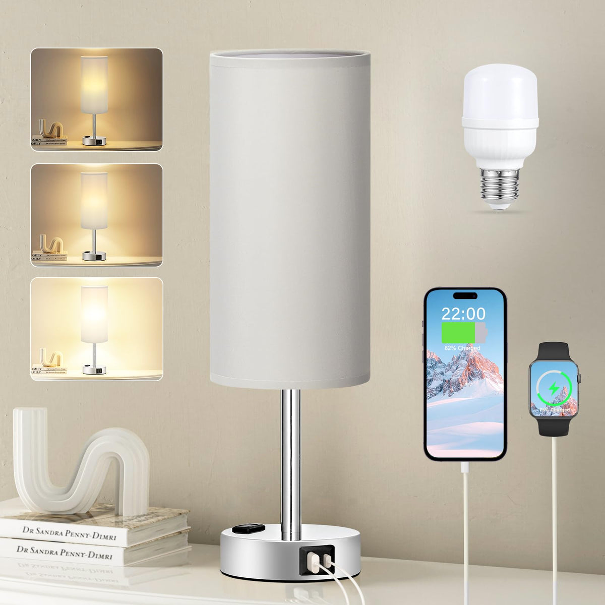 Fenmzee Bedside Table Lamp Set of 2 - Dimmable Touch, USB A+C, AC Outlet