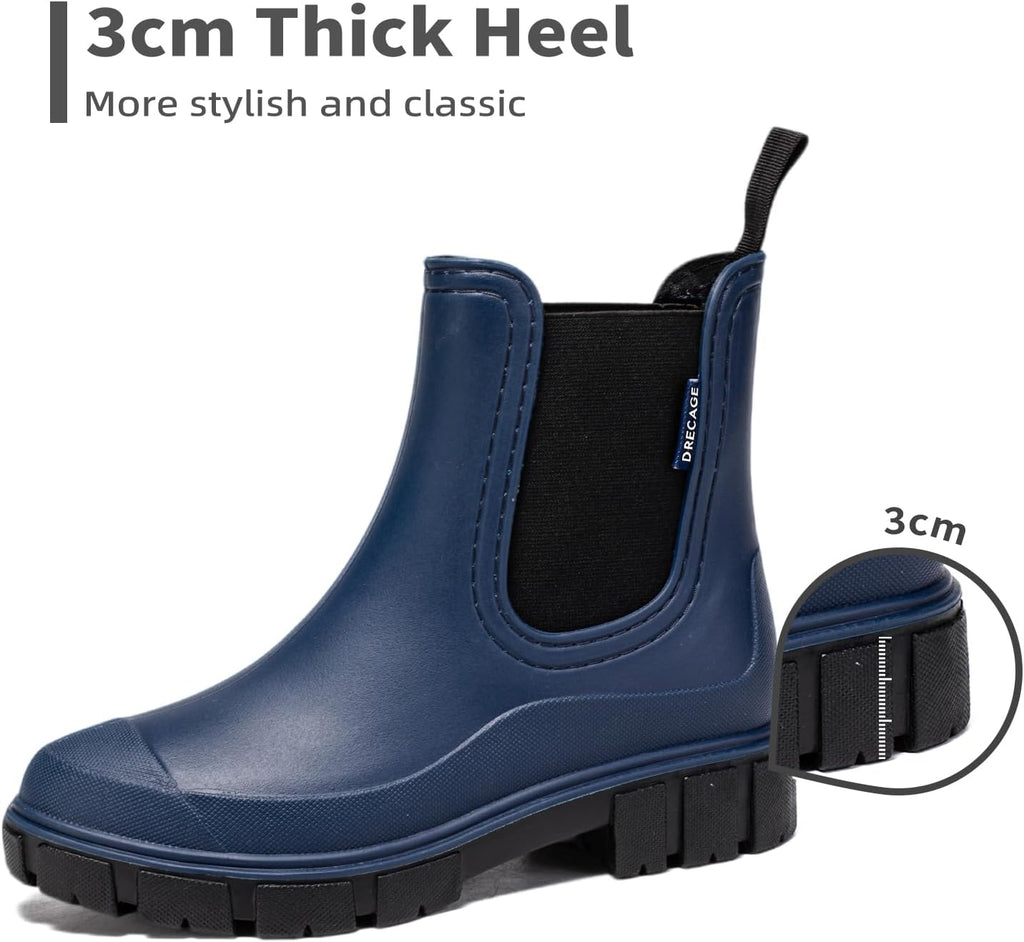DRECAGE Wellies Boots Women Waterproof Short Chelsea Fashion Ladies Comfortable Rain Boots Outdoors Garden Walking