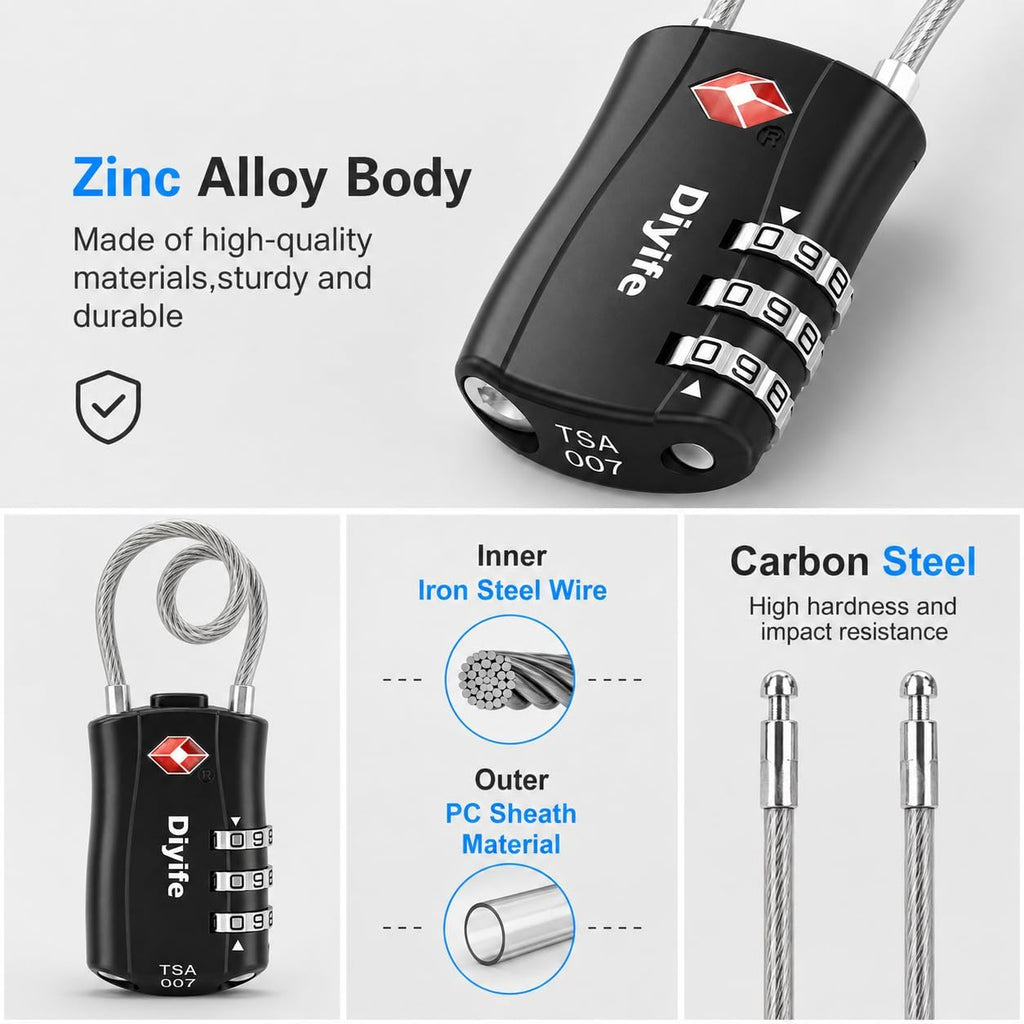 Diyife TSA Approved Luggage Locks with Flexible Steel Cable, Easy to Set up