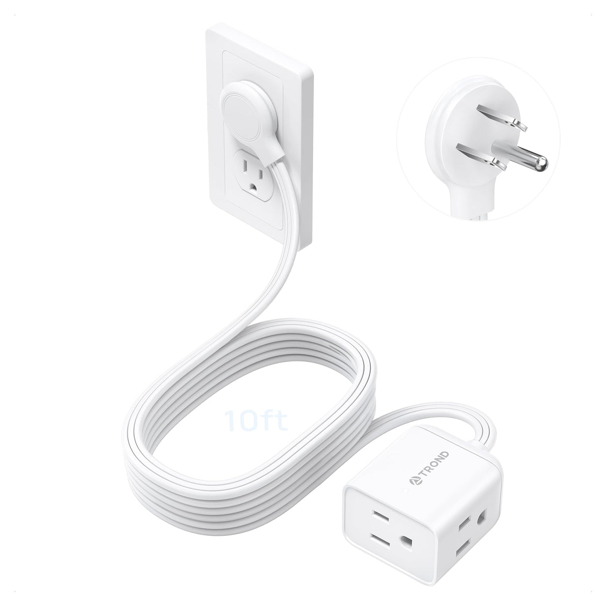 TROND Rightward Flat Plug Extension Cord 6ft for Small Tight Spaces, White