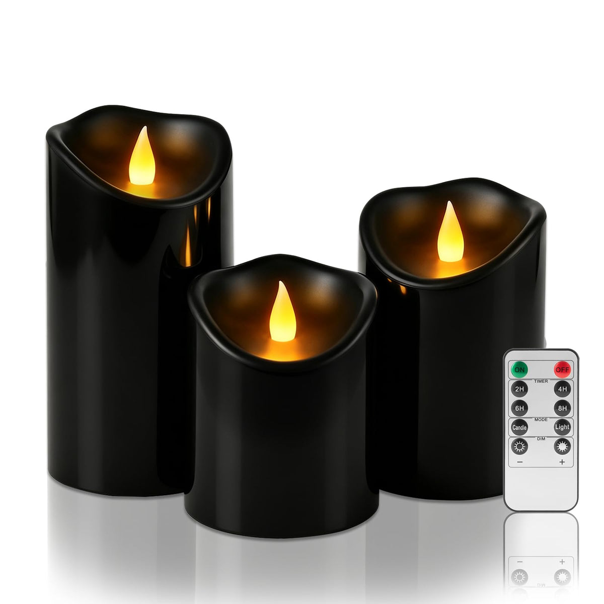 Outdoor Flameless Candles, Patented 3D Dual-LED, Set of 2 Slanted Plastic Pillars with Remote, Waterproof Non-Melting Battery Operated Decor for Bathroom Bedroom Gift, Black (D3 x H6)