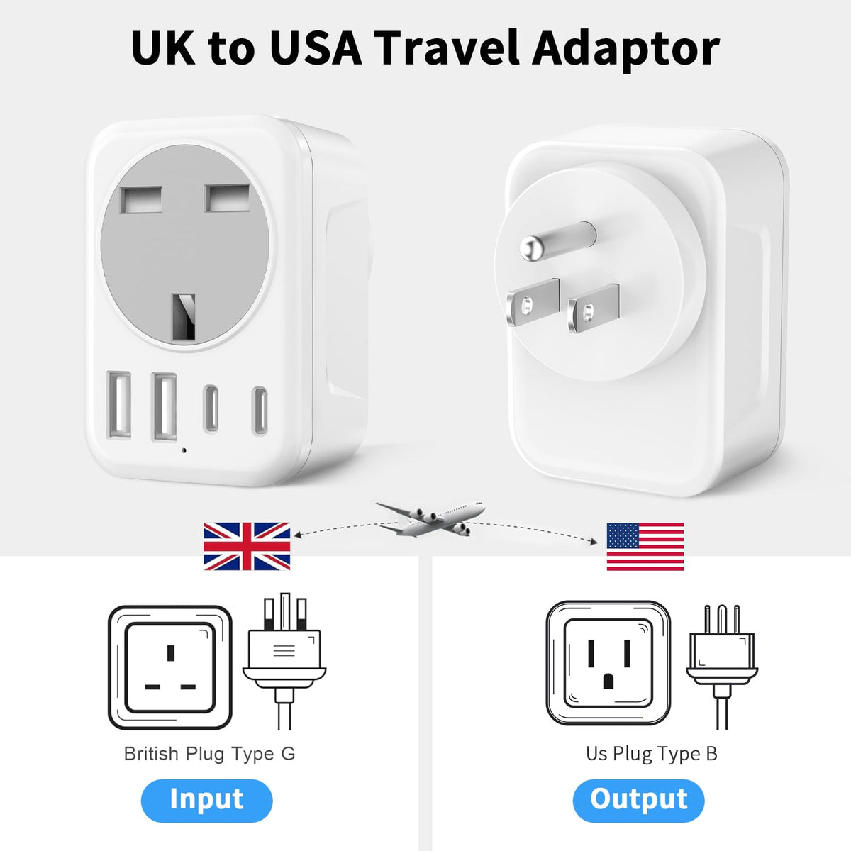 2 Pack UK To European Plug Adapter, 5 IN 1 European Travel Adaptor with 2 USB C & 2 USB A, EU Plug Adapter for Germany Spain France Turkey Greece etc (Type E/F)