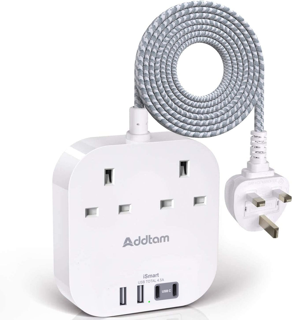 Extension Lead, Power Strips with 2 Way Outlets 4(4.5A, 2 Type C & 2 USB-A)