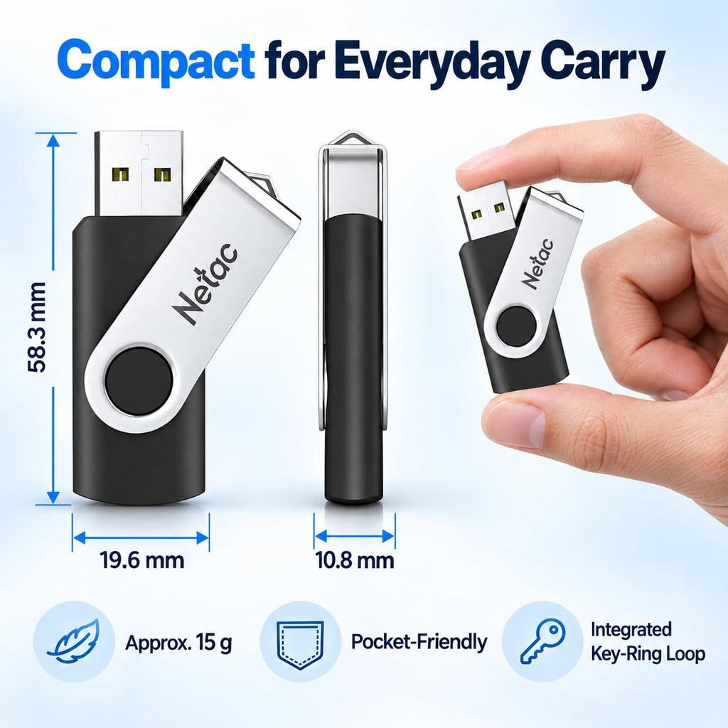 Netac 64GB USB 3.2 Flash Drive, High Speed Swivel Design Memory Stick,Up to 90/30 MB/s(R/W) Pen Drive, Thumb Drive for Data Storage, Zip Drive and jump Drive with LED Light