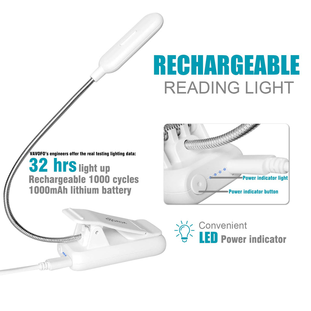 VAVOFO Rechargeable Reading Light, Clip on Book Light for Reading in Bed