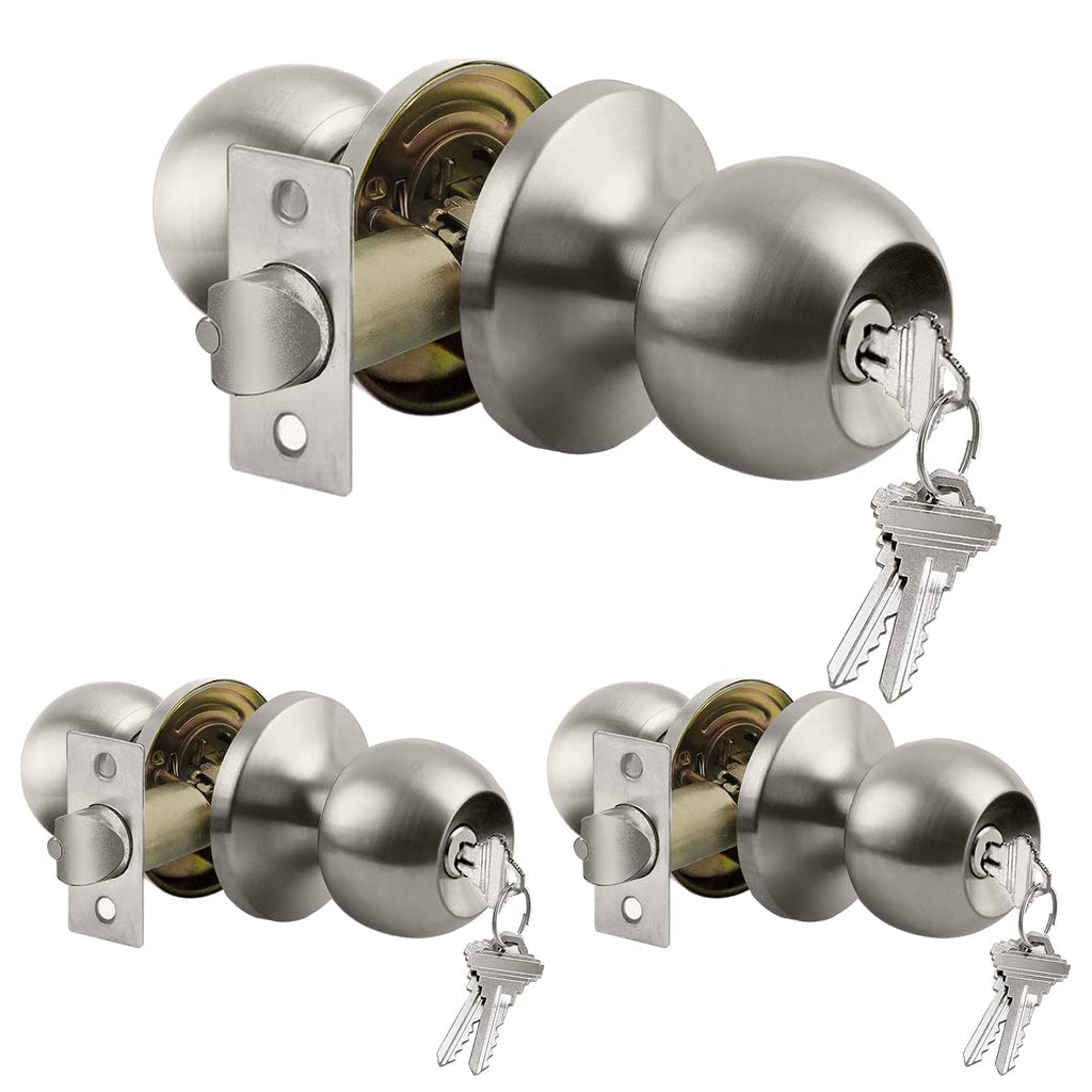 BESTTEN Keyed Entry Door Knob with Lock, Heavy Duty Interior and Exterior Door Lock, Standard Ball, Satin Nickel