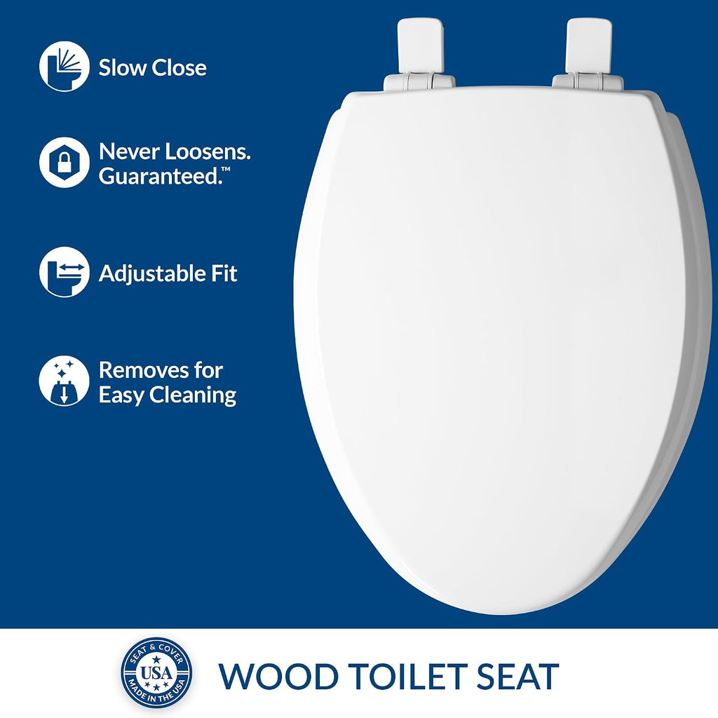 Mayfair Cassel slow close toilet seat, easy clean non-slip premium wood seat, install, made in USA, elongated, white