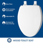 Mayfair Cassel slow close toilet seat, easy clean non-slip premium wood seat, install, made in USA, elongated, white