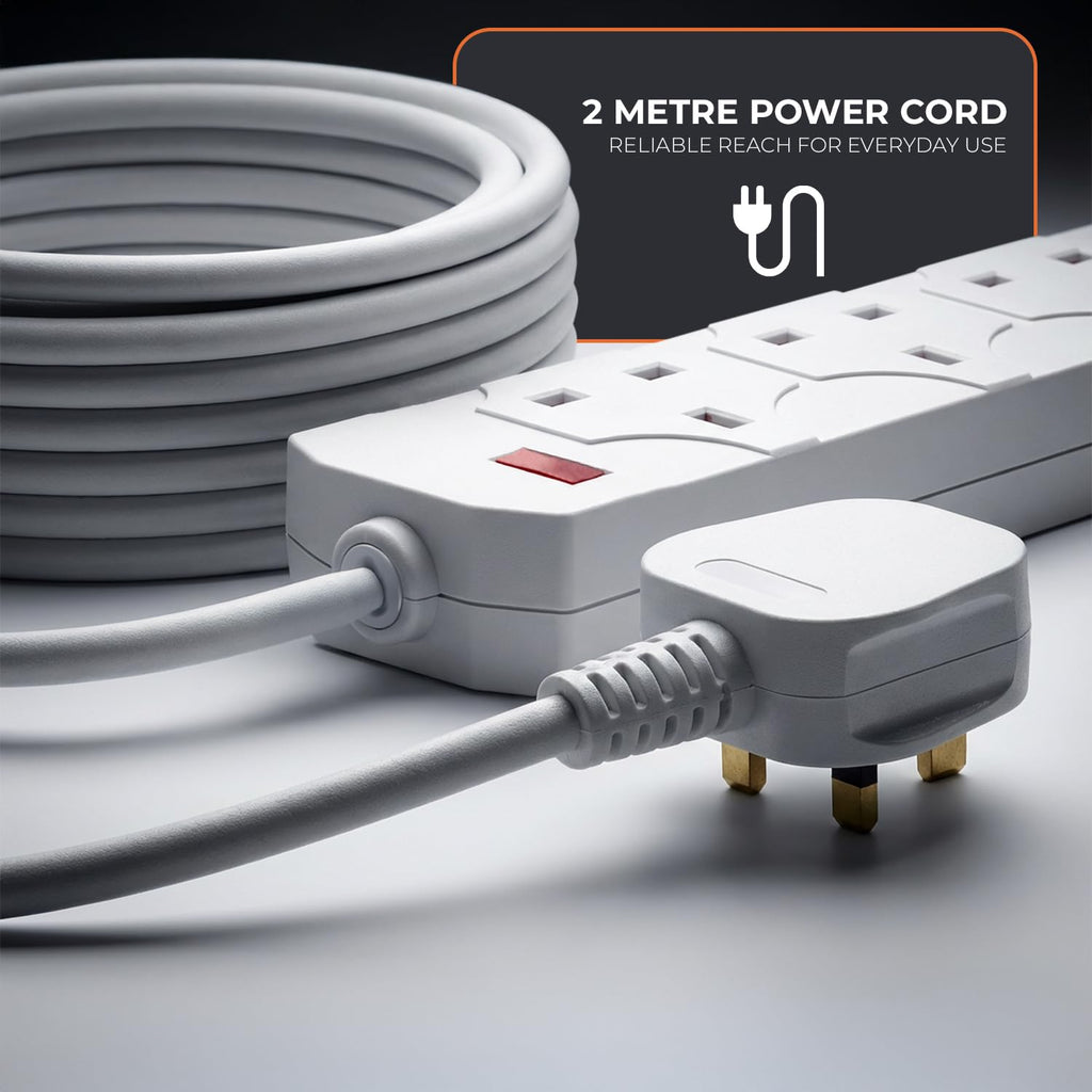 Wolf Power 4 Way Extension Lead, 2 Metre Extension Cable with UK 3 Pin Plug, Multi Socket Power Strip, Wall Mountable, Suitable for Home, Office & Appliances (White, 1 Pack)