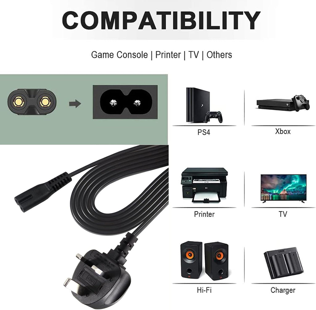 TV power cable 3M, 2 Pin Mains Power Lead Fig Figure 8 UK Power Cable, IEC320C7 to BS 1363 C7 Figure 8 Power Lead compatible with Samsung LG Philips Toshiba TV/Printer/PS4/PS3/PS5…