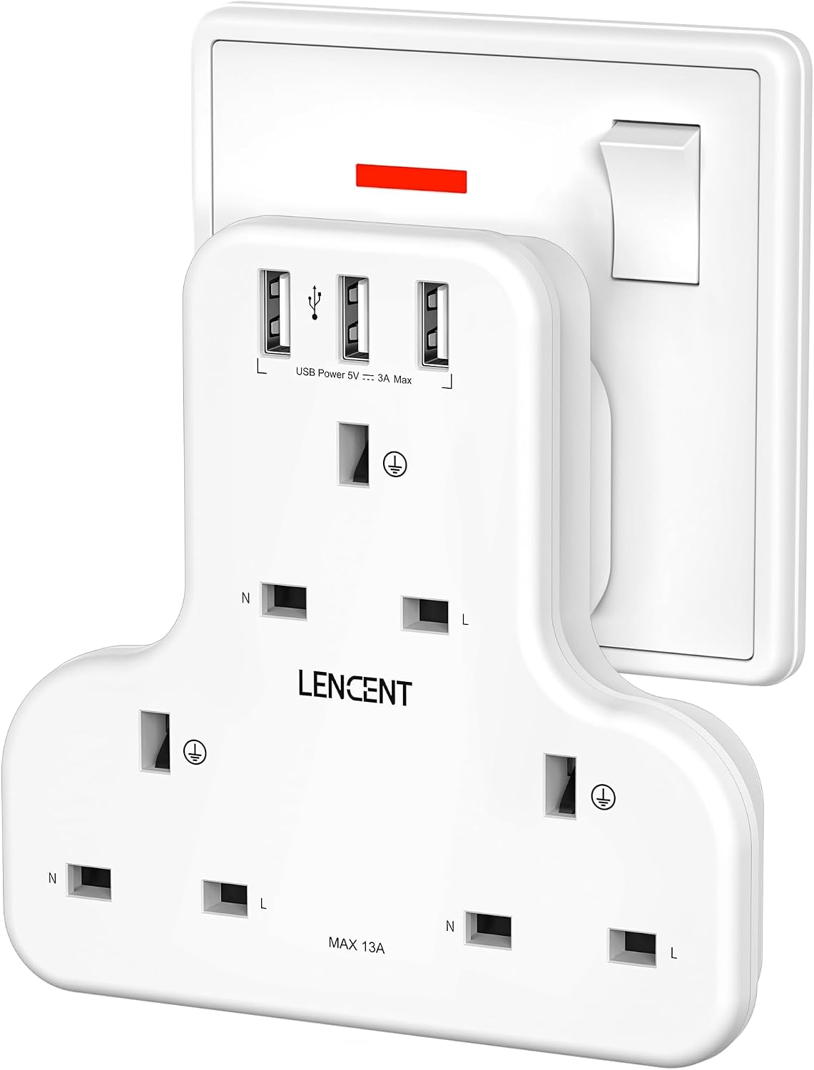 LENCENT Plug Extension Socket, 3 Way Multi Plug Socket with 3 USB Ports