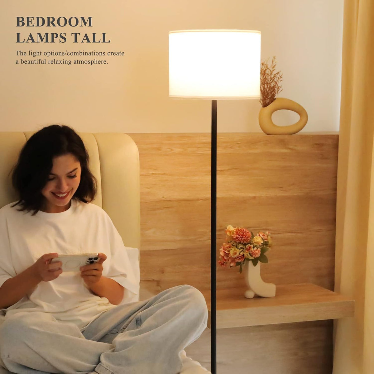 Ambimall Floor Lamp for Living Room with Smart Light Bulb, RGB + Stepless Dimmable Colors Temperature & Brightness(White Shade & Black Pole)