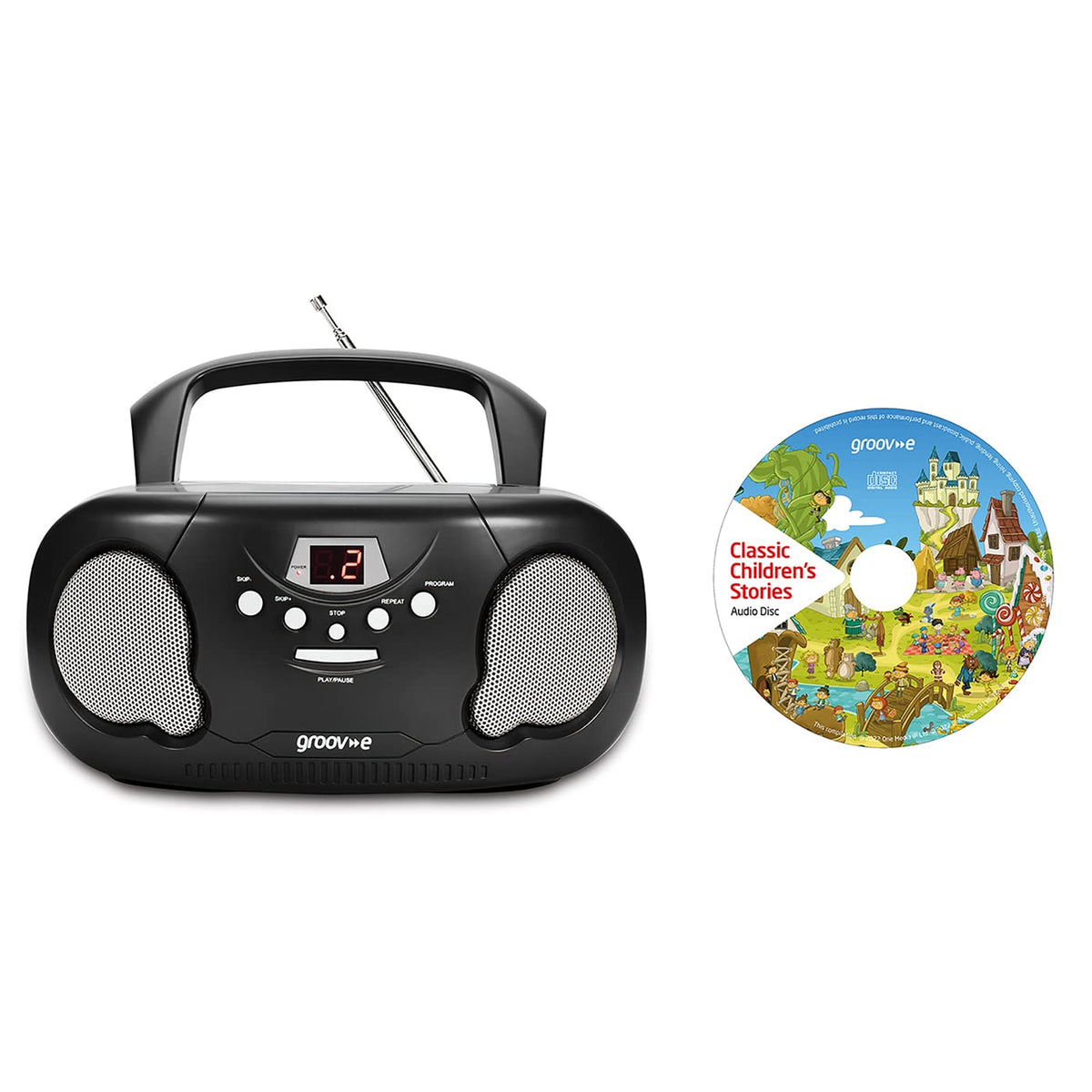 Groov-e Original Boombox - Portable CD Player with Bluetooth, Radio, 3.5mm Aux Port, & Headphone Socket - LED Display, 2 x 1.2W Speakers - Battery or Mains Powered - Blue