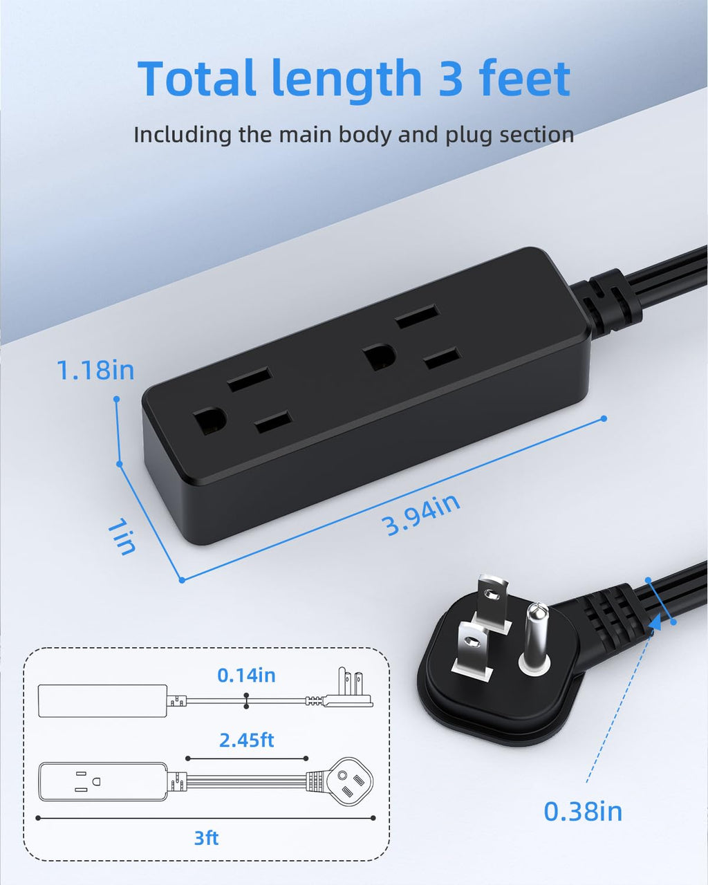 Flat Plug Extension Cord with 3 Outlets - 1Ft Low Profile Indoor 3 Prong Grounded Power Strip for Home Office & Travel - 16 AWG 13A/1625W, Black