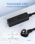Flat Plug Extension Cord with 3 Outlets - 1Ft Low Profile Indoor 3 Prong Grounded Power Strip for Home Office & Travel - 16 AWG 13A/1625W, Black