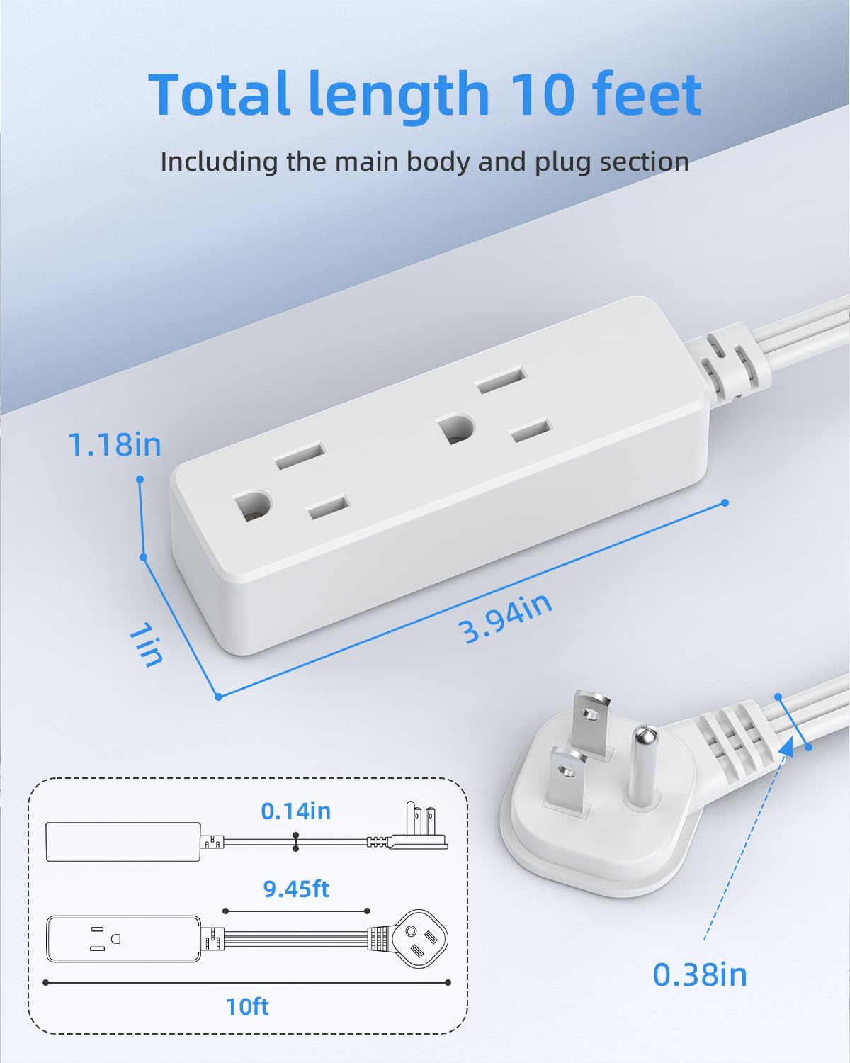 Flat Plug Extension Cord with 3 Outlets - 1Ft Low Profile Indoor 3 Prong Grounded Power Strip for Home Office & Travel - 16 AWG 13A/1625W, Black