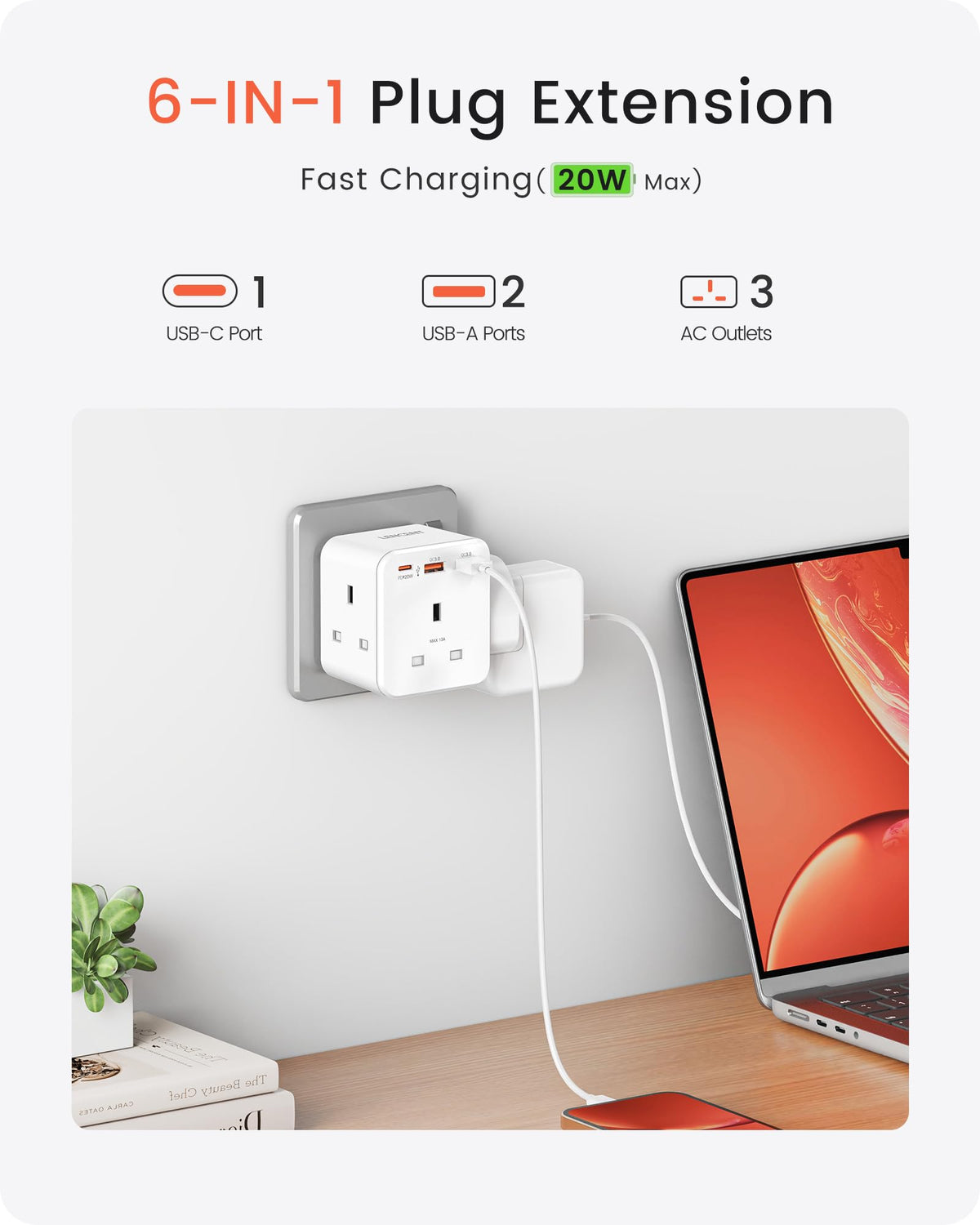 LENCENT 3 Way Plug Extension Socket with 2 Fast Charge USB, PD45W USB C