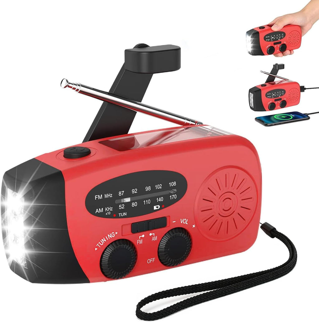 2000mAh Wind Up Solar Hand Crank Emergency Radio | AM/FM Weather Band Radio with LED Torch, SOS Alert & USB Phone Charger for Outdoor Camping Hiking (Red)