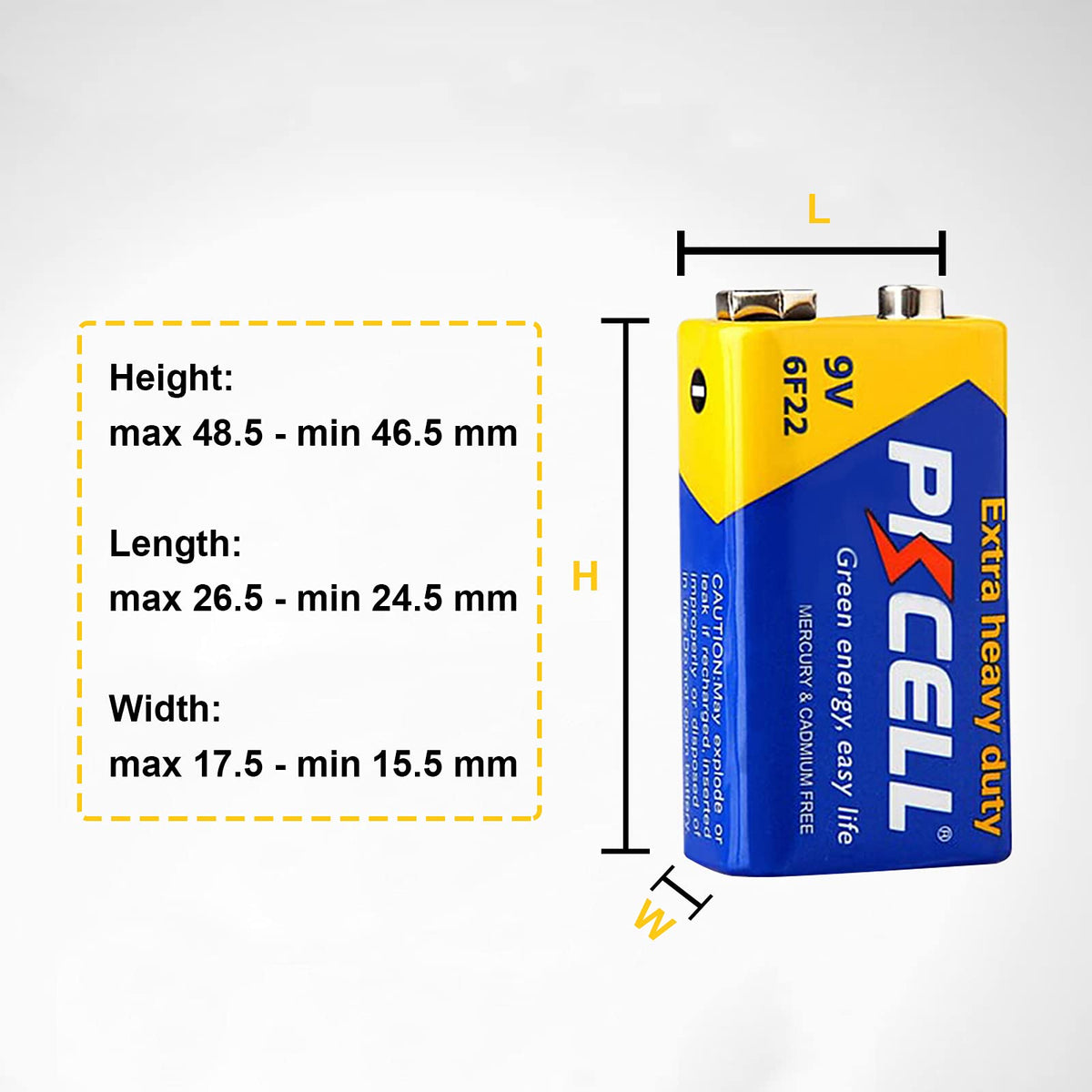 PKCELL Battery 6F22/PP3 (4 Pack) -9 Volt Square Batteries for Smoke Alarm