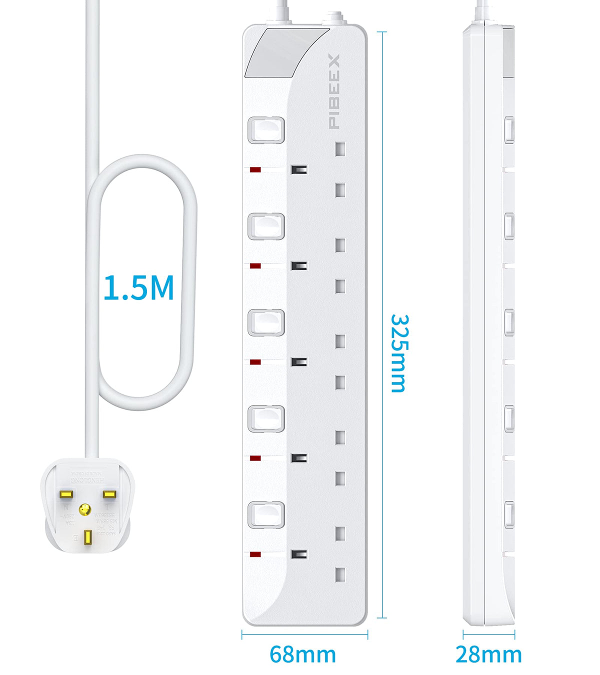 PIBEEX Extension Lead 2 Way Plug Sockets with Individual Switches Wall Mountable Power Strip 3M Extension Cable 13A Fused UK Plug 3250W
