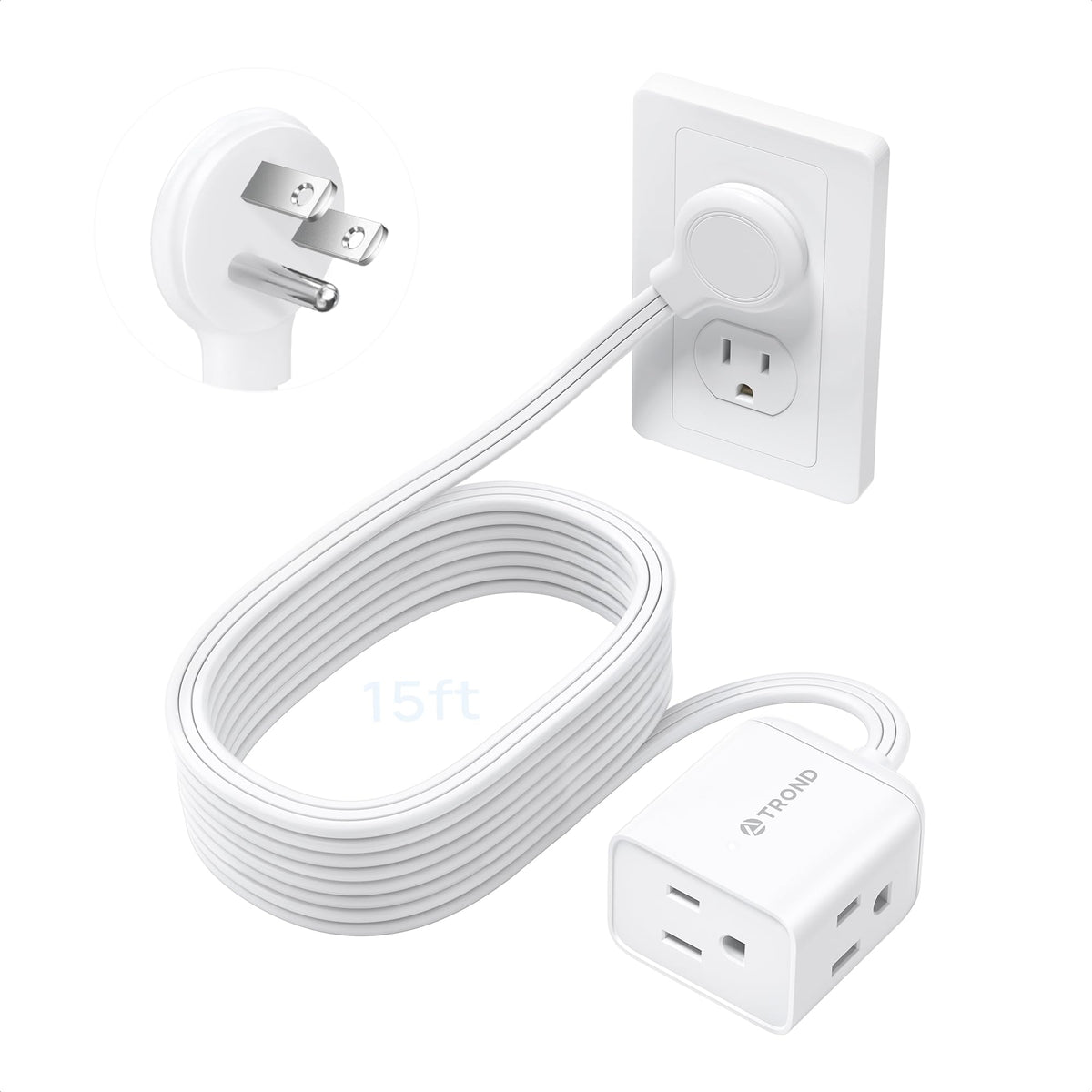 TROND Rightward Flat Plug Extension Cord 6ft for Small Tight Spaces, White