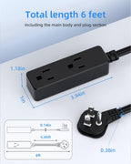 Flat Plug Extension Cord with 3 Outlets - 1Ft Low Profile Indoor 3 Prong Grounded Power Strip for Home Office & Travel - 16 AWG 13A/1625W, Black