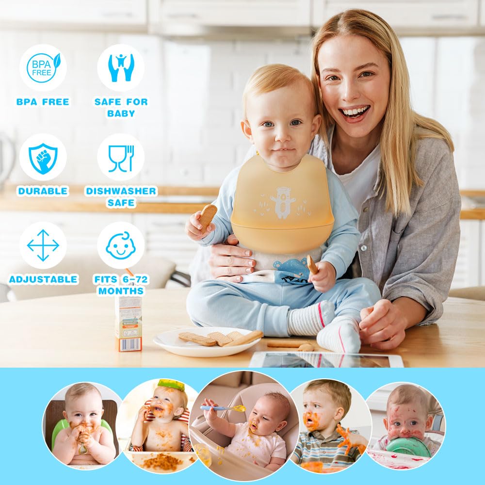 Vicloon Silicone Baby Bib, Baby Weaning Bibs, Waterproof Baby Feeding Bibs Adjustable with Wide Food Catcher Pocket Unisex Toddler Bibs