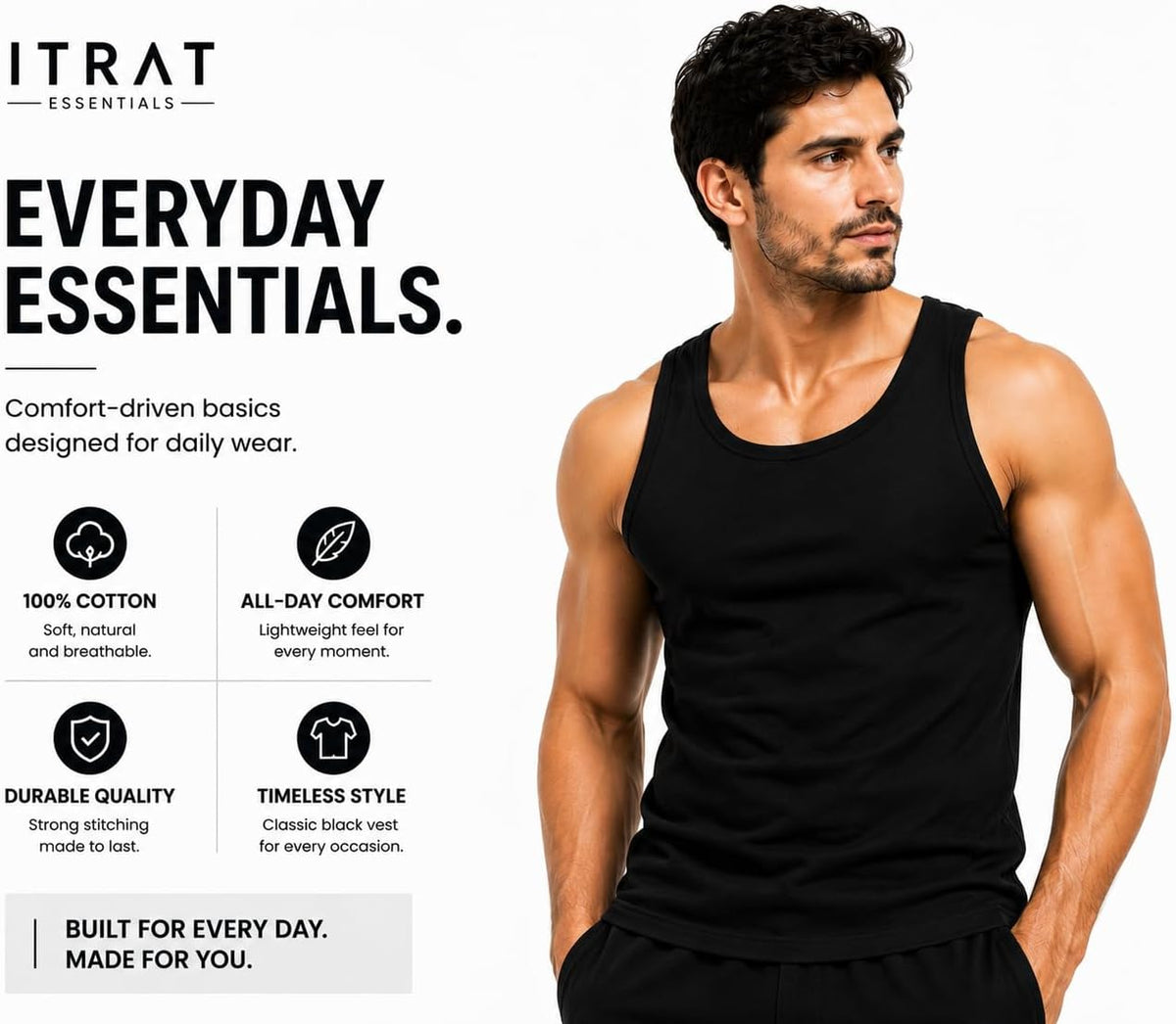 ITRAT Men's Cotton Vests Tank Tops Slim Fit Summer Top Breathable Sleeveless Shirt, Easy Fit Athletic Wear for Workout, Everyday Use and Training Activities (Pack 1, White, XL)