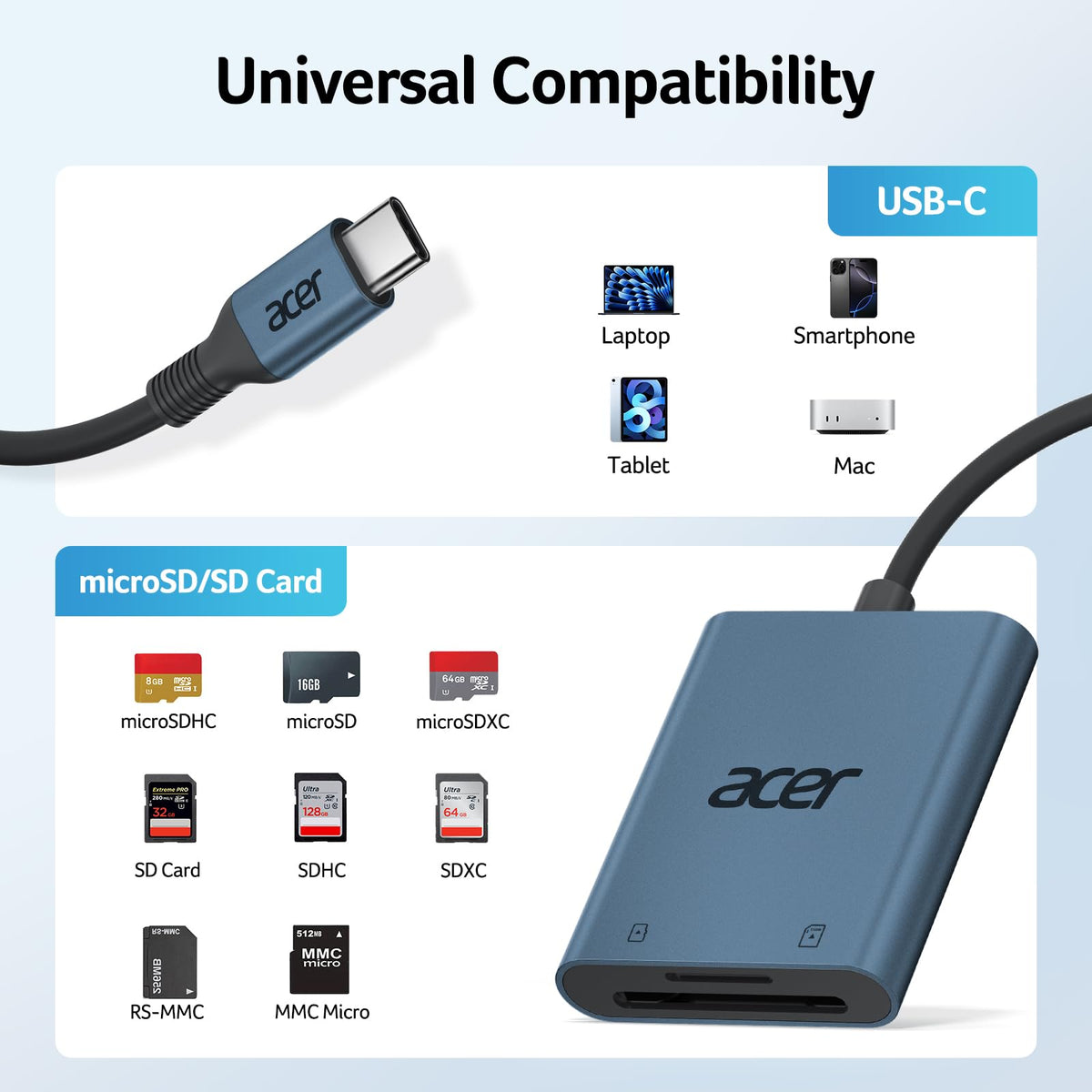Acer USB-C SD Card Reader, High Speed Type-C Micro SD Card Adapter, USBC External Memory Card Reader SDXC, Micro SDXC Card, Compatible with MacBook Pro/Air, Acer Laptop, iPhone 16, Camera -Silver