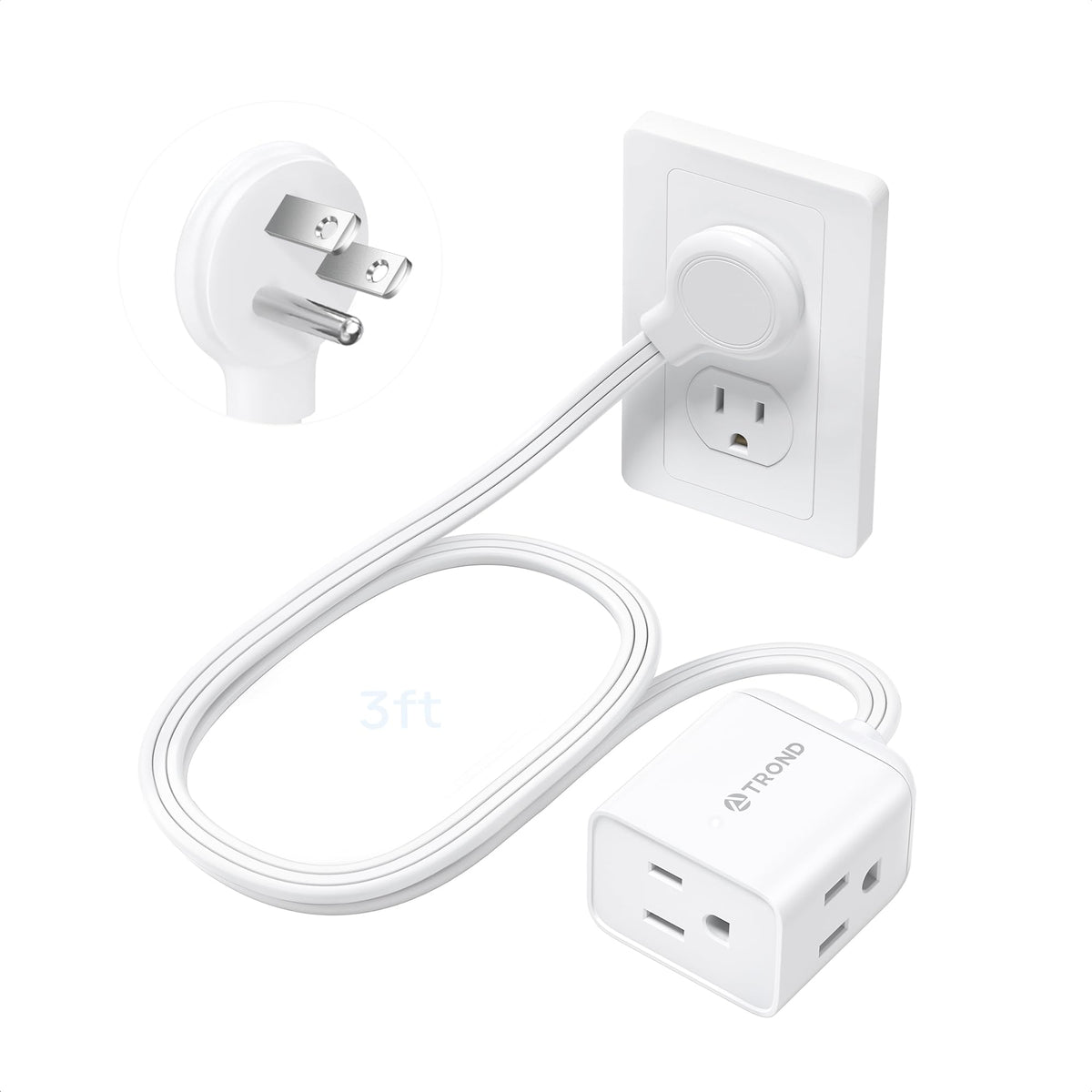 TROND Rightward Flat Plug Extension Cord 6ft for Small Tight Spaces, White