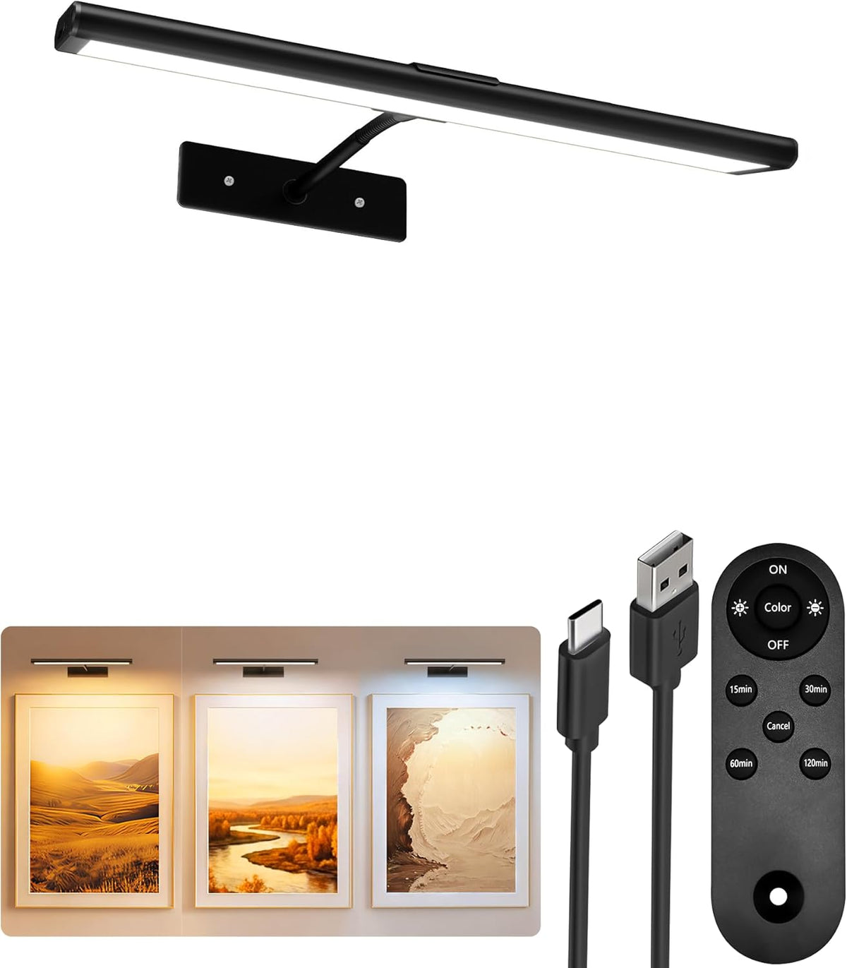 EZVALO Picture Light for Wall, 4800mAh Rechargeable Wireless Gold Light with IR Remote, Dimmable Magnetic LED Art Display Light with 3 Color Temperatures, for Gallery, Living Room, Bedroom(2Pack)