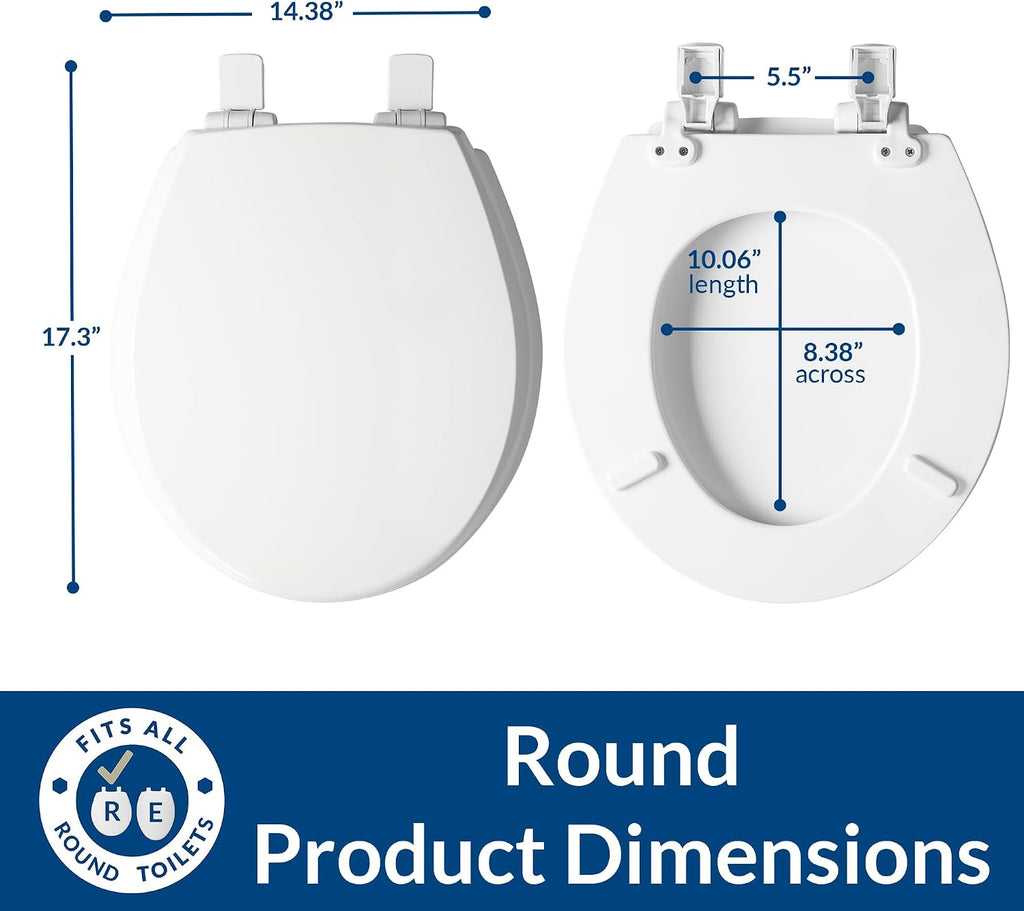 Mayfair Cassel slow close toilet seat, easy clean non-slip premium wood seat, install, made in USA, elongated, white