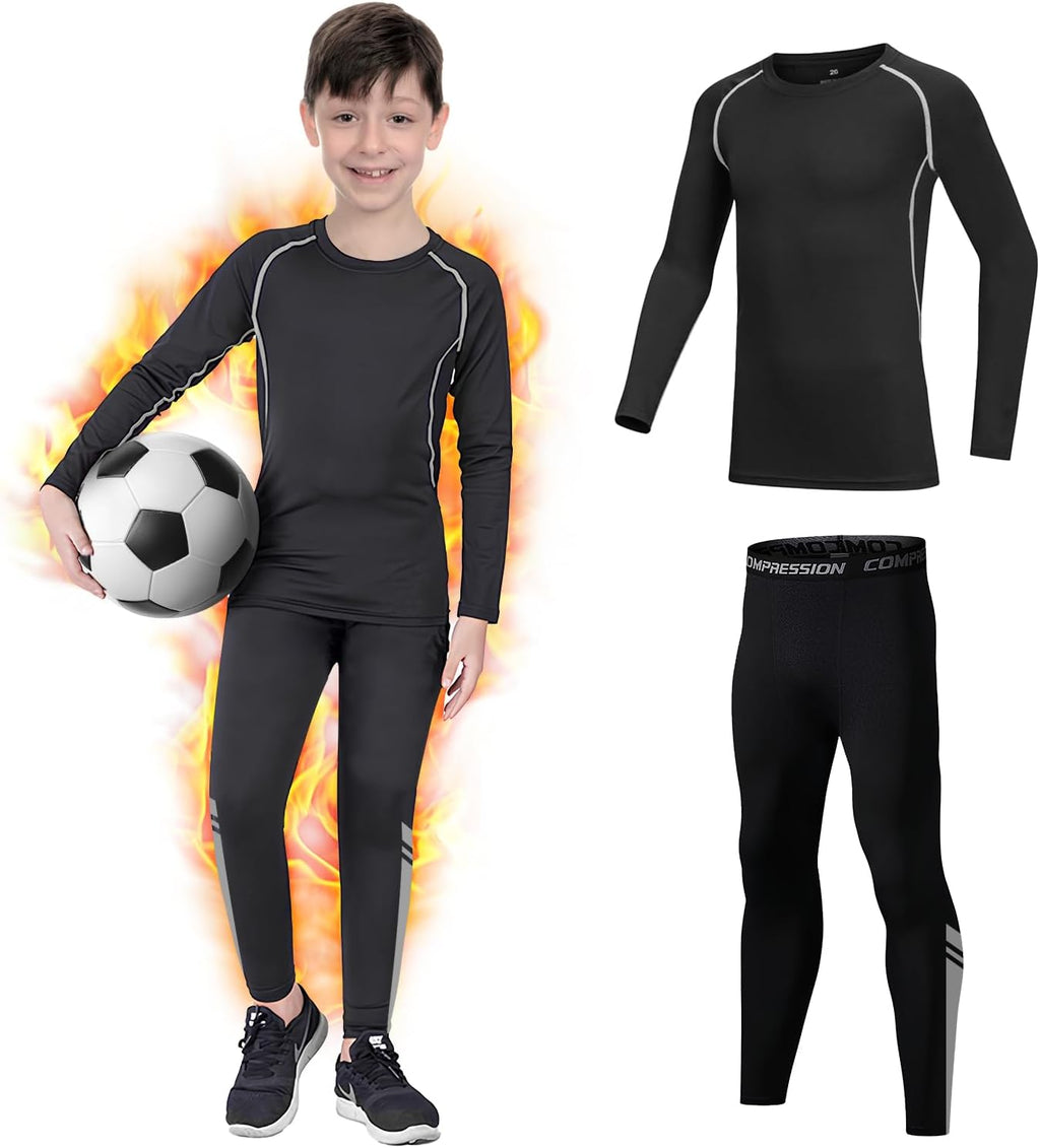 Kids Base Layer - Fleece Lined Athletic football skins, Warm Football Skins Long Sleeve Top and Leggings Compression Set, Reflective Line Thermal Underwear for Biking, Ski & Running