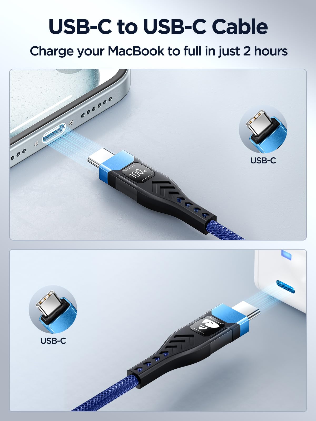 USB-C to C 1M 100W PD3.0 Fast Charging Cable - Compatible with MacBook Pro, iPad Air, iPhone 15, Samsung S23/S22/S21 Ultra, Pixel 7/6, Switch, PS5