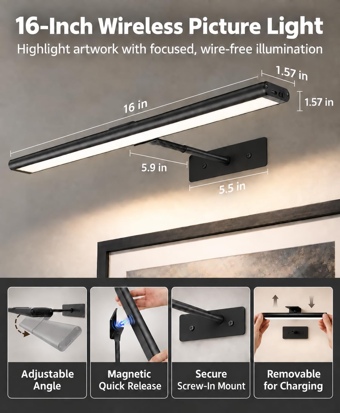 EZVALO Picture Light for Wall, 4800mAh Rechargeable Wireless Gold Light with IR Remote, Dimmable Magnetic LED Art Display Light with 3 Color Temperatures, for Gallery, Living Room, Bedroom(2Pack)
