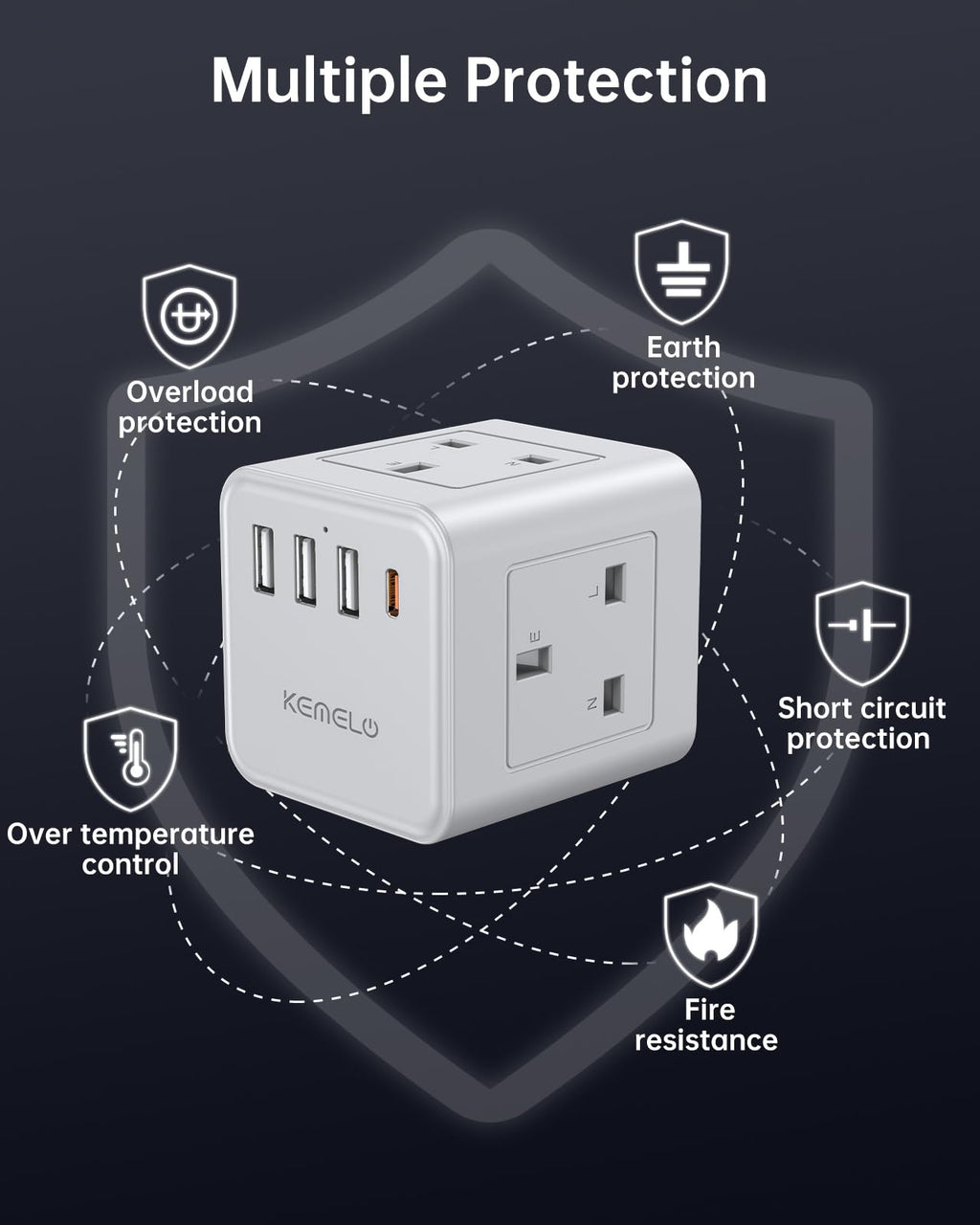 Cube Extension Lead with 4 USB Slots, Kemelo 4 Way (13A/3250W) Multi Plug Extension Cable with Child Safety UK Desktop Power Extension Socket,1.5M Extension Cords for Home Dorm Office Travel, Black