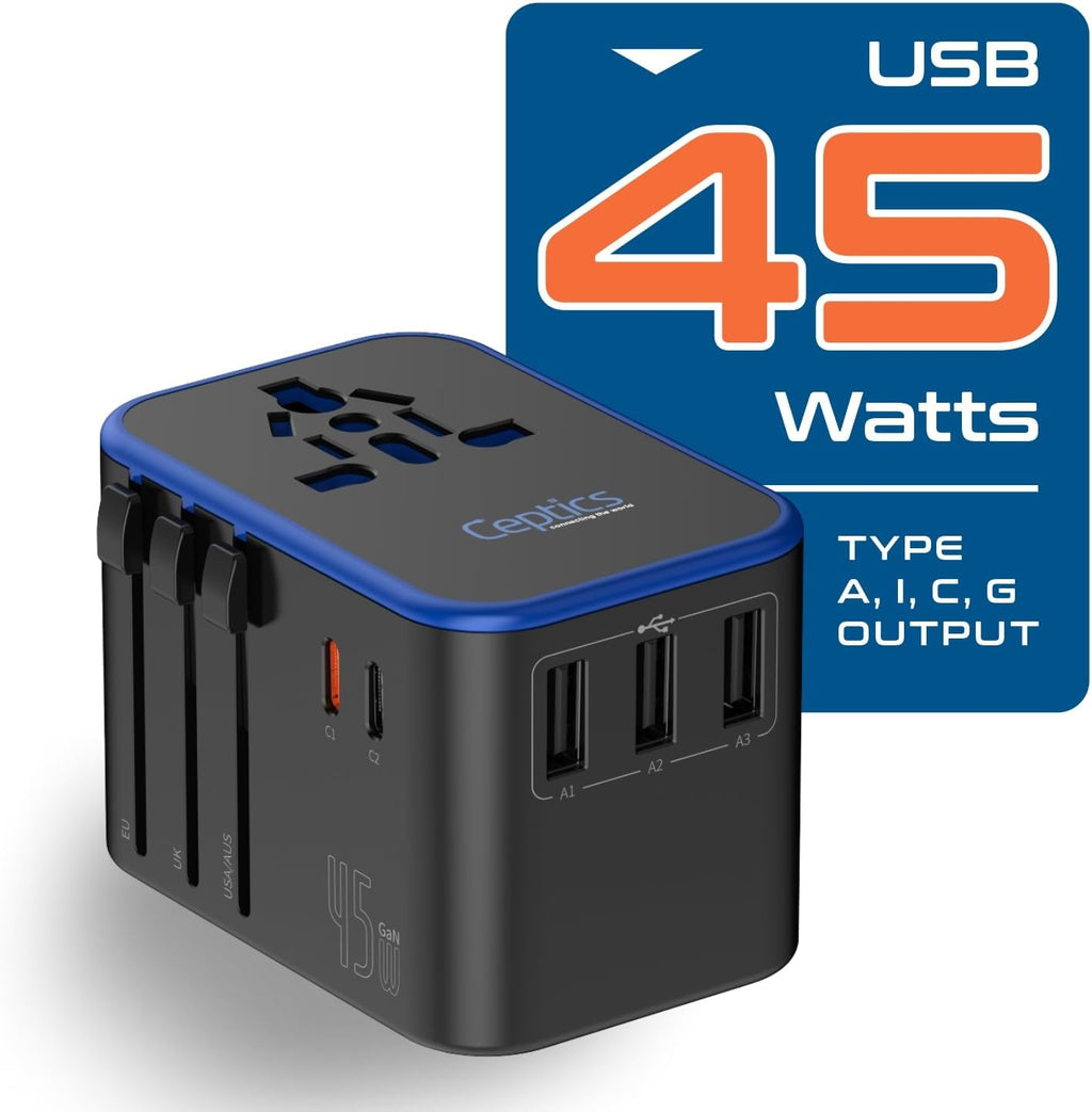 Ceptics 45W Universal Travel Adapter w/ 3 USB-A, 2 USB-C & Universal Input