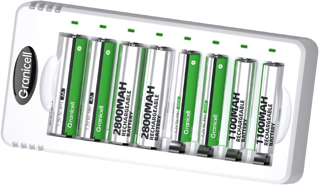 Granicell Rechargeable Batteries with Charger, 8-Bay Smart Charger, Individual Slots, 4 AA 2800mAh and 4 AAA 1100mAh Low Self-Discharge NiMH Batteries