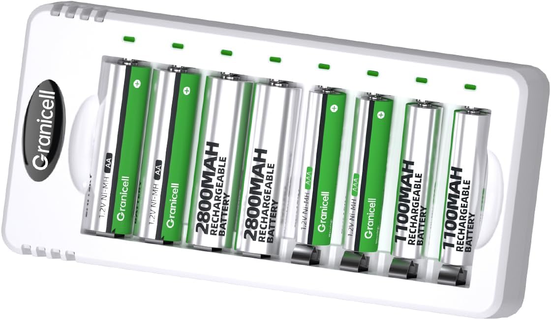 Granicell Rechargeable Batteries with Charger, 8-Bay Smart Charger, Individual Slots, 4 AA 2800mAh and 4 AAA 1100mAh Low Self-Discharge NiMH Batteries