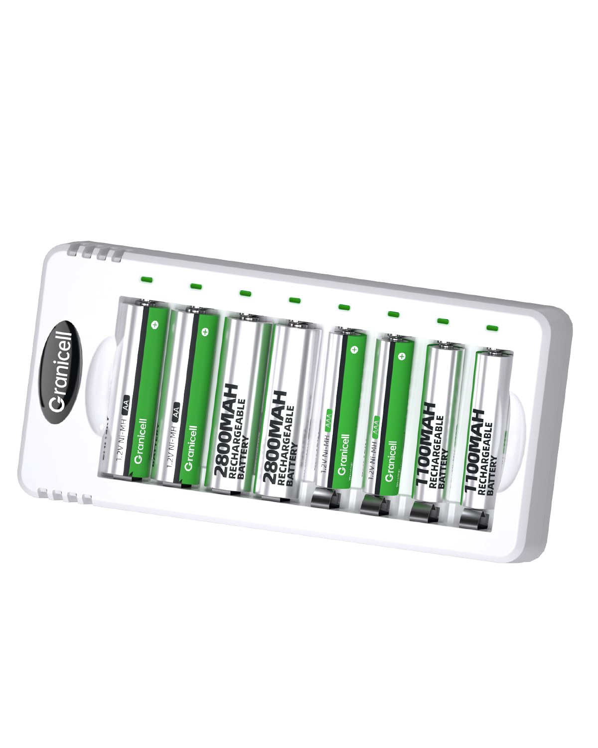 Granicell AA Rechargeable Batteries with Charger, 8 Slot Smart Battery Charger with 8 Pcs 2800mAh High Capacity NiMH AA Batteries, USB Smart Charging
