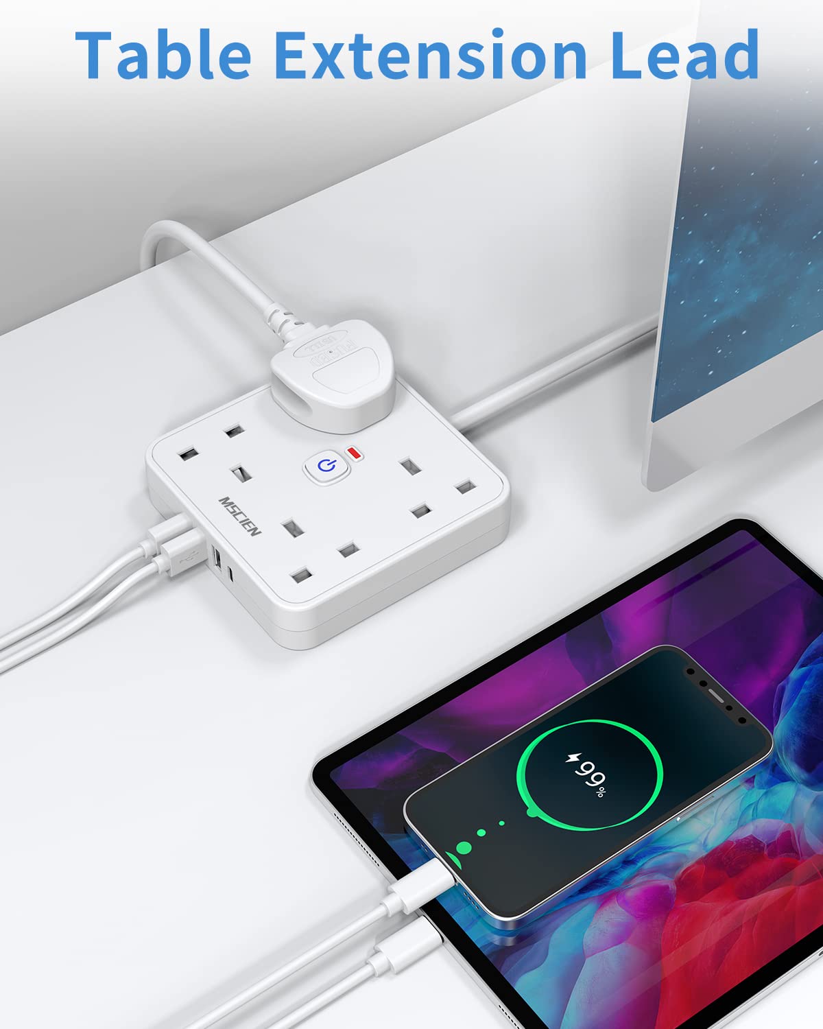 3M 4 Way Extension Lead with 4 USB Slots (1 USB-C + 3 USB-A), Mscien White Wall-Mounted Extension Socket with Switch and LED Indicator for Living Room, Bedroom, Kitchen, Office