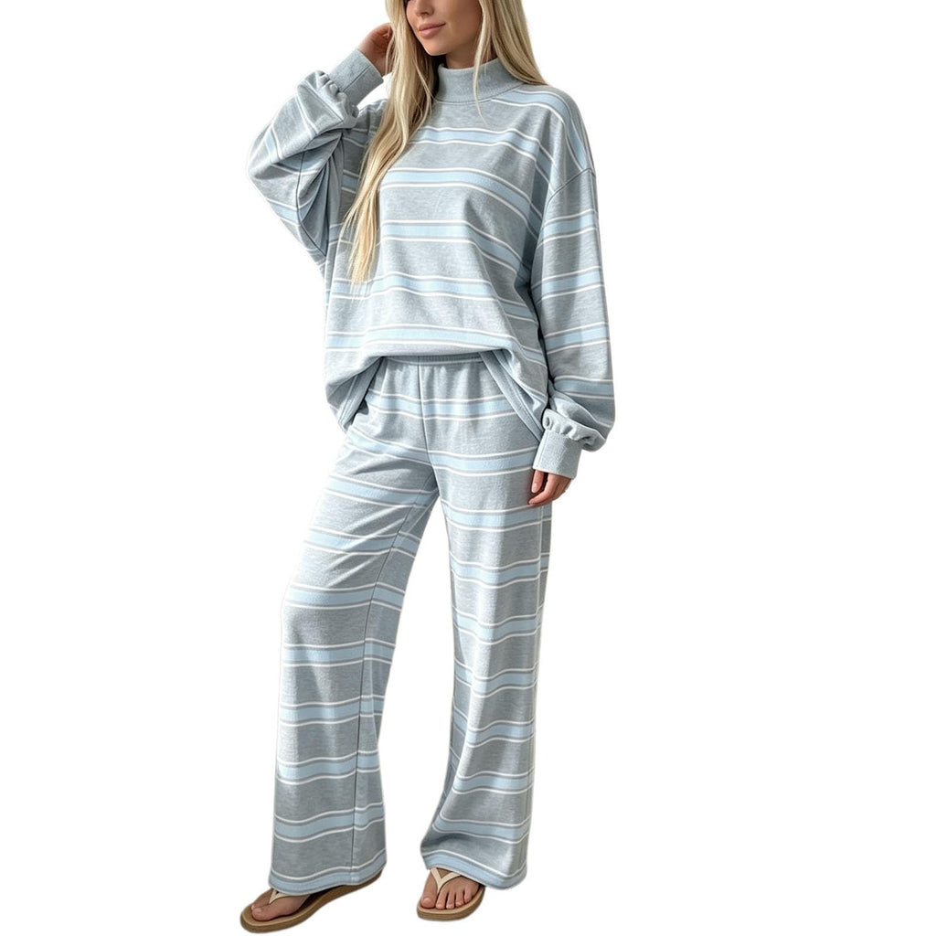 Striped Lounge Wear Sets for Women UK 2 Piece Outfits Loungewear Travel Matching Pyjamas Sets Mock Neck Oversized Knitted Jumper Long Sleeve Top and Wide Leg Pants Fall Winter