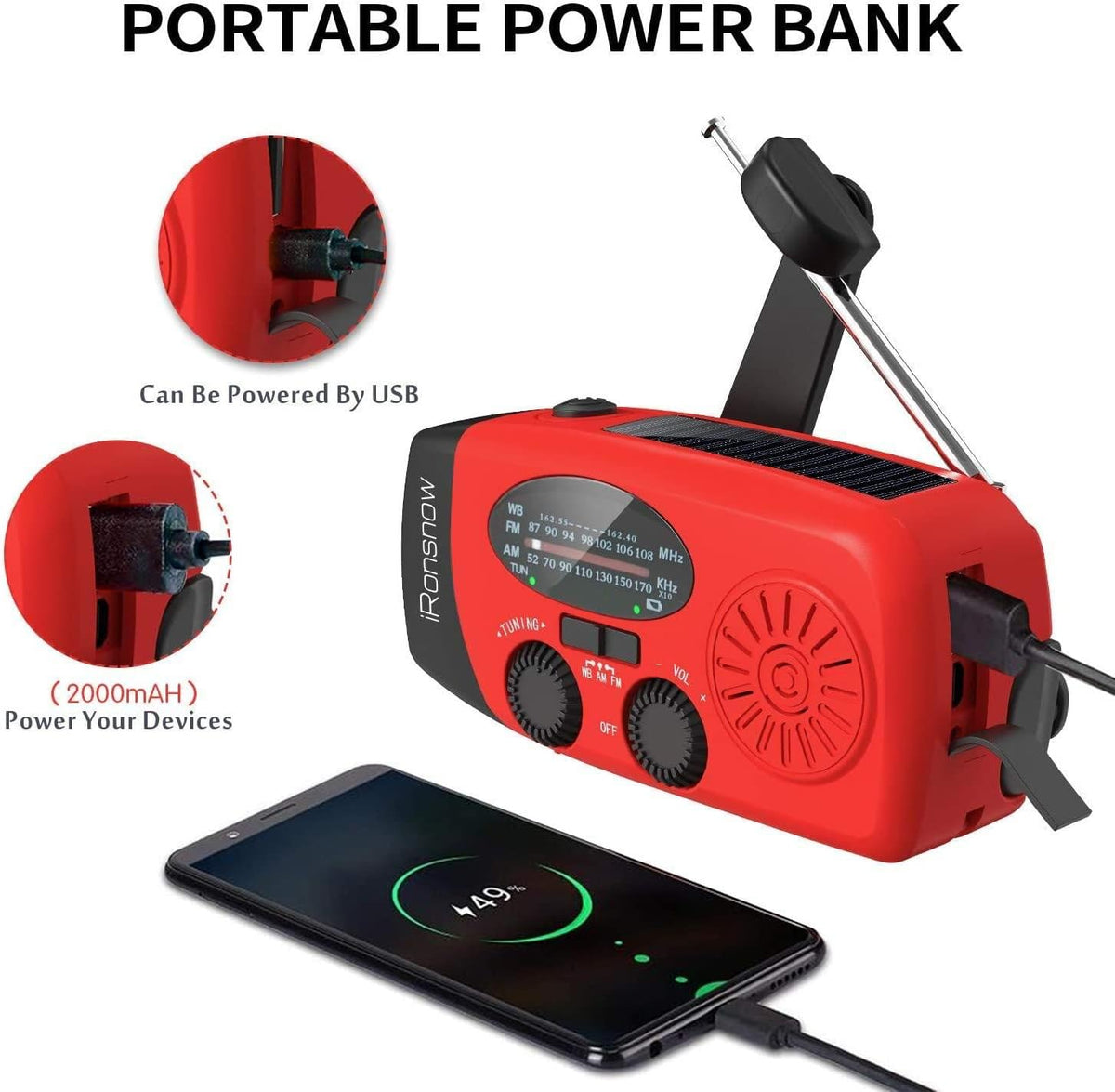 2000mAh Wind Up Solar Radio, Emergency Weather Radio,FM/AM Hand Crank Radio