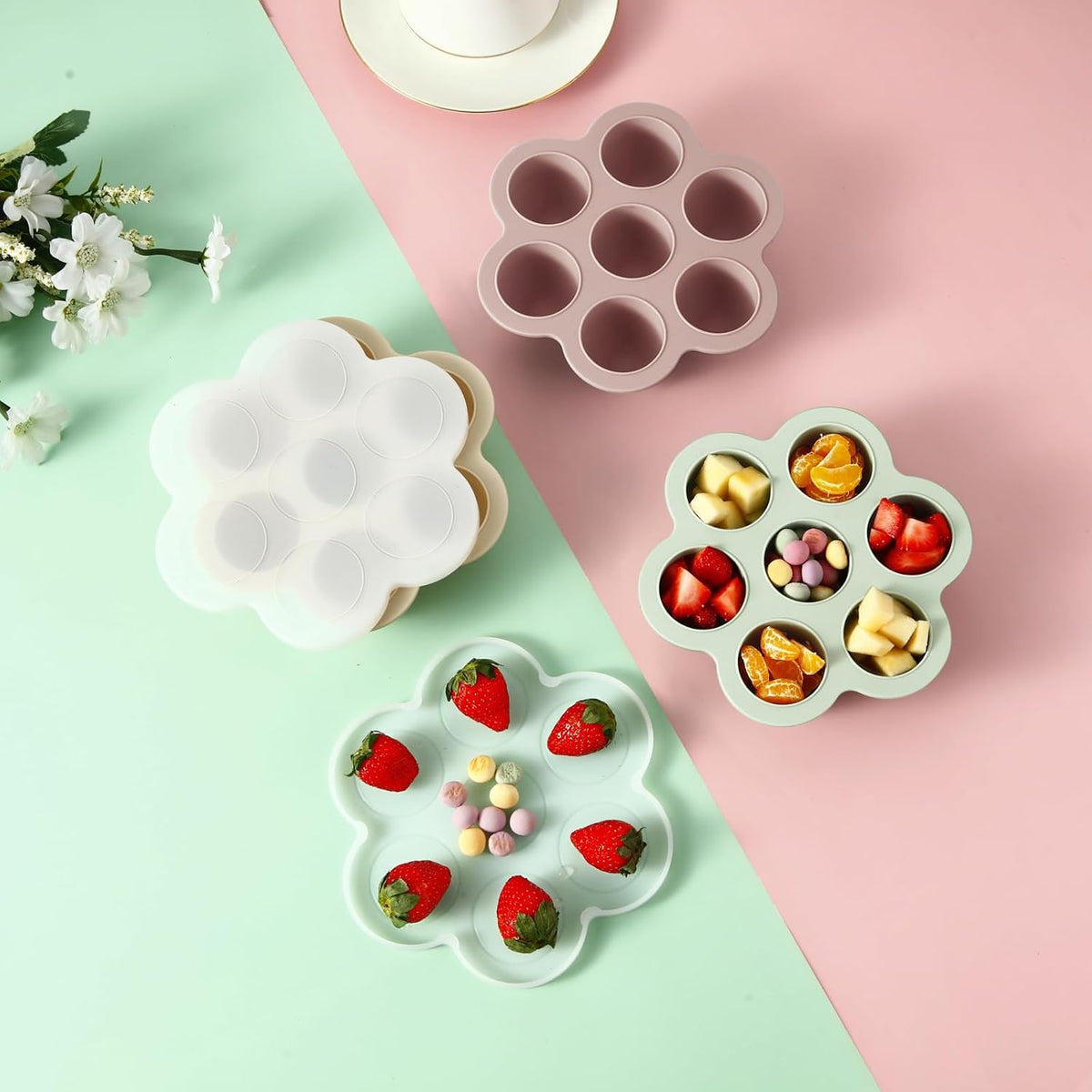 PandaEar 3 Pack Silicone Baby Food Freezer Tray with Lids, Ice Cube Trays for Freezer, Weaning Freezer Tray for Baby Food, Silicone Ice Trays Baby Food Storage Container Tray (Pink/Green/Linen)