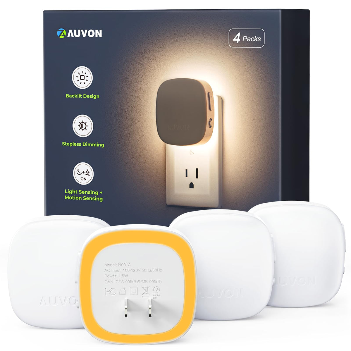 AUVON Plug-in LED Backlit Night Light 4 Packs, Motion & Dusk to Dawn Sensor