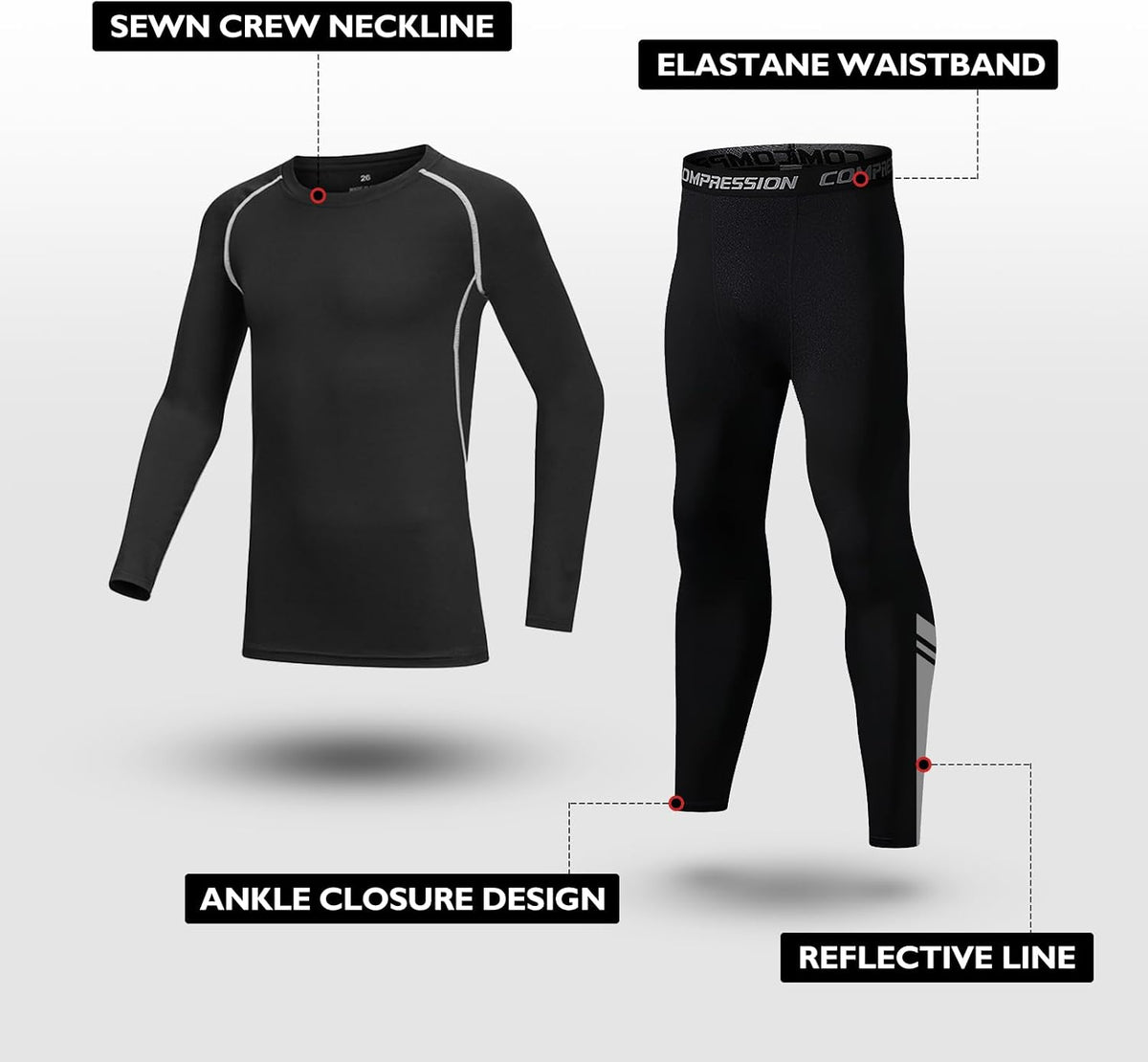 Kids Base Layer - Fleece Lined Athletic football skins, Warm Football Skins Long Sleeve Top and Leggings Compression Set, Reflective Line Thermal Underwear for Biking, Ski & Running